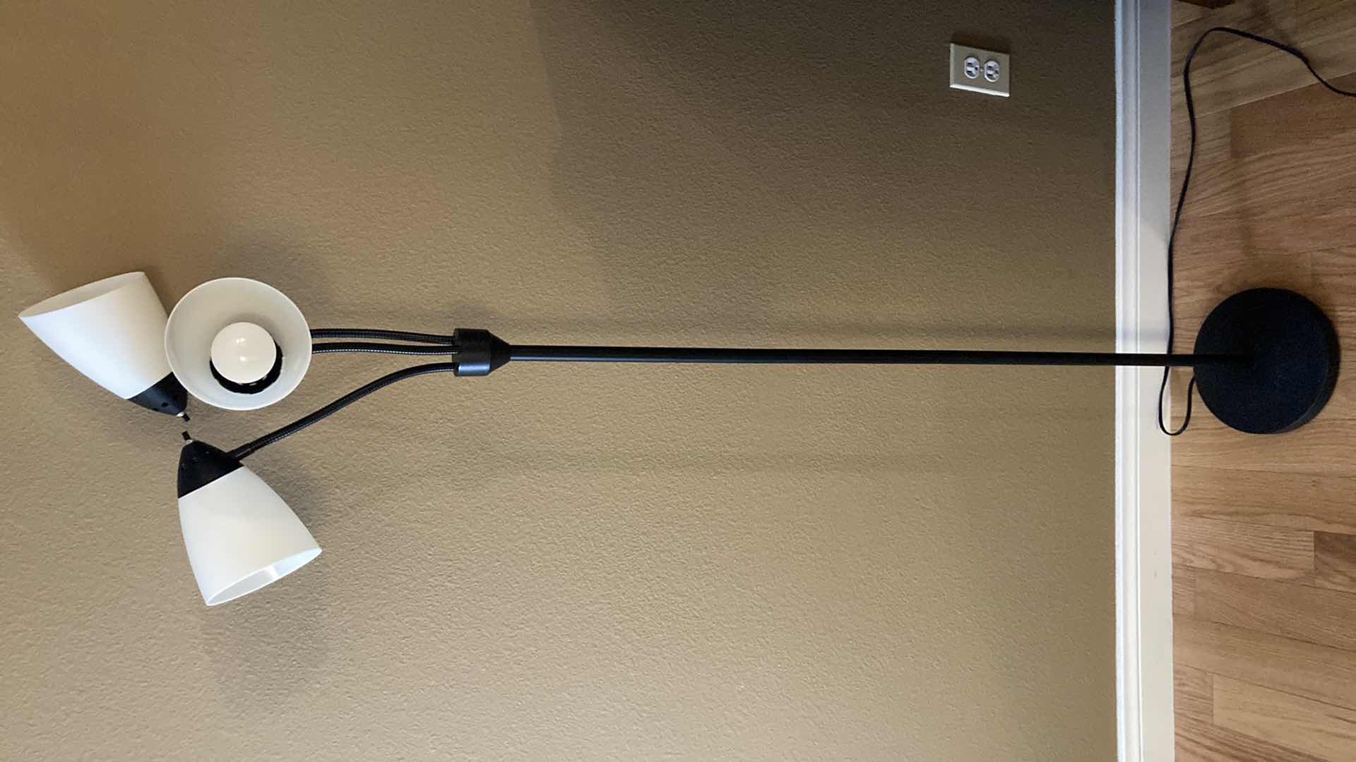 Photo 1 of GOOSENECK 3 LIGHT WHITE PLASTIC SHADE BLACK METAL BASE FLOOR LAMP 11” X 66”