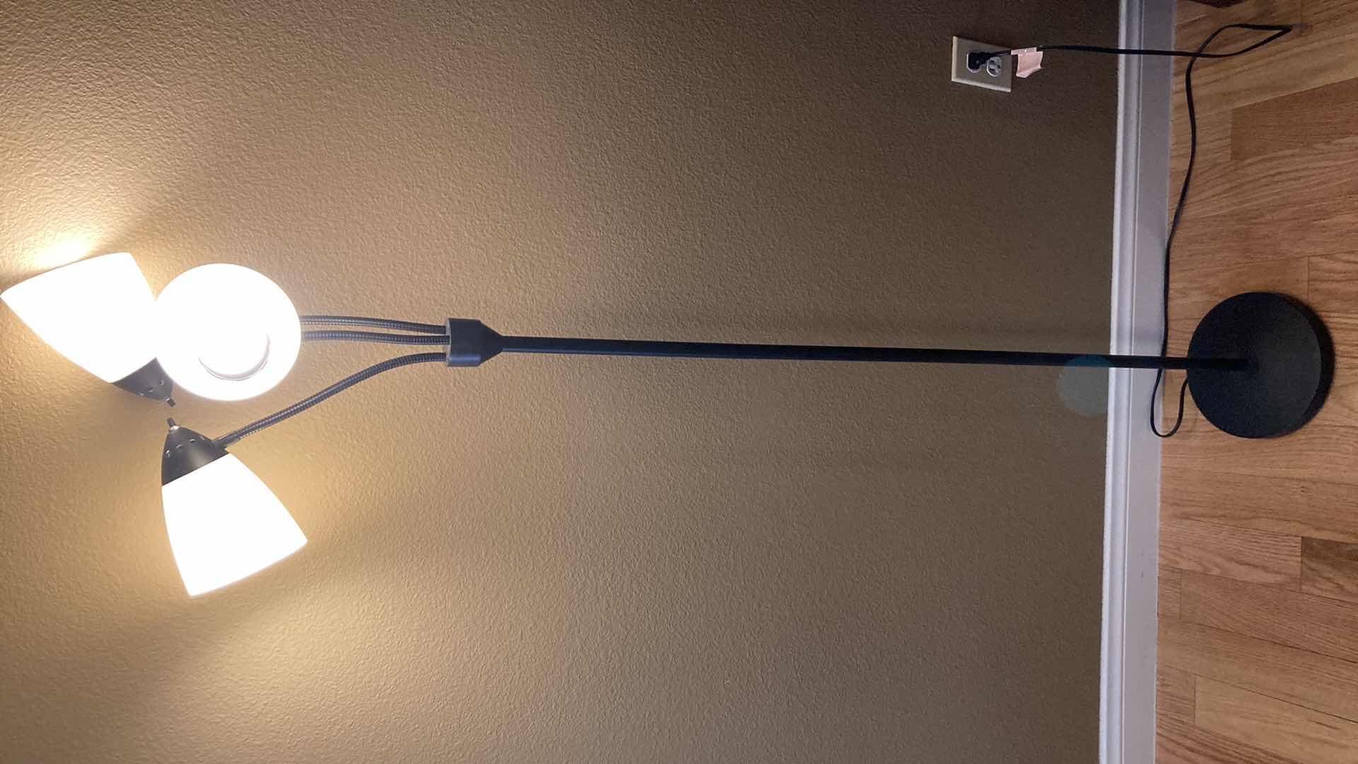 Photo 1 of GOOSENECK 3 LIGHT WHITE PLASTIC SHADE BLACK METAL BASE FLOOR LAMP 11” X 66”