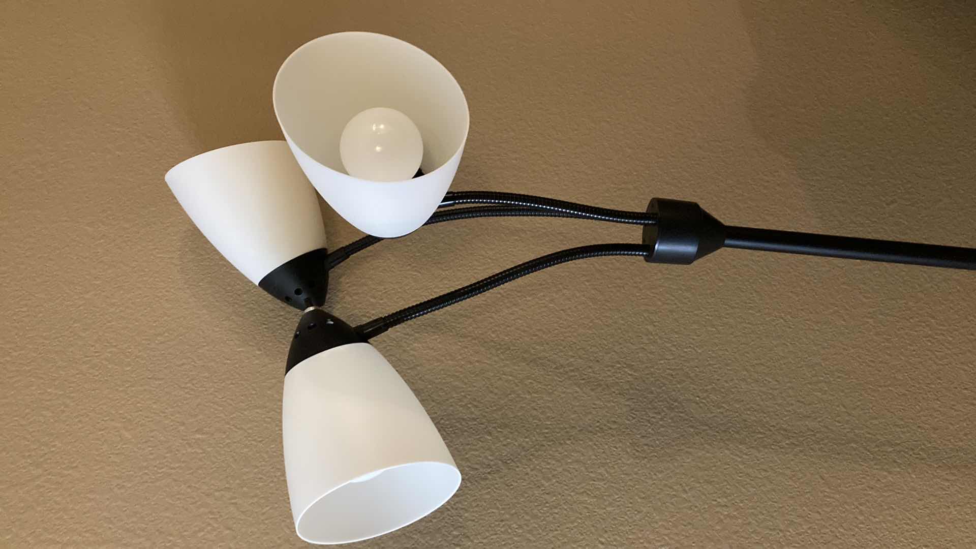 Photo 1 of GOOSENECK 3 LIGHT WHITE PLASTIC SHADE BLACK METAL BASE FLOOR LAMP 11” X 66”