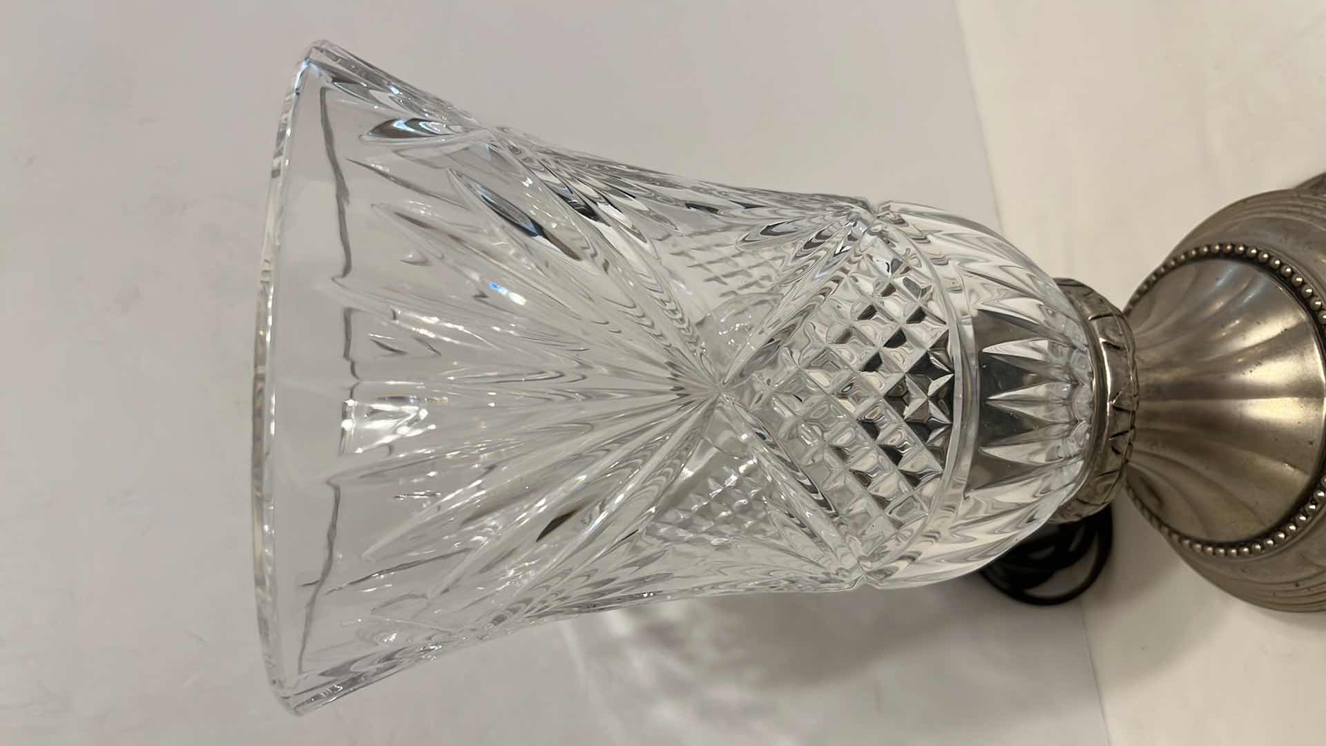 Photo 1 of GODINGER SILVER ART CO VINTAGE CRYSTAL CUT GLASS 12.5” TORCHIERE LAMP W ANTIQUE SILVER METAL BASE MODEL 42781