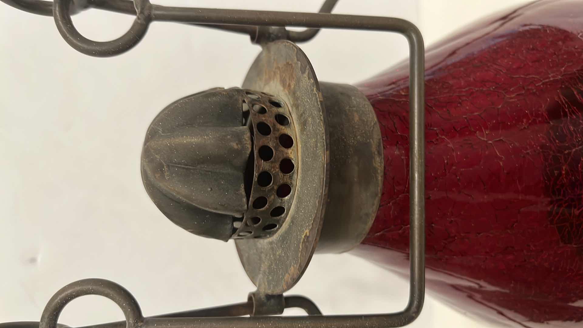 Photo 3 of VINTAGE HAND WROUGHT IRON RED CRACKLE GLASS LANTERN 13”
