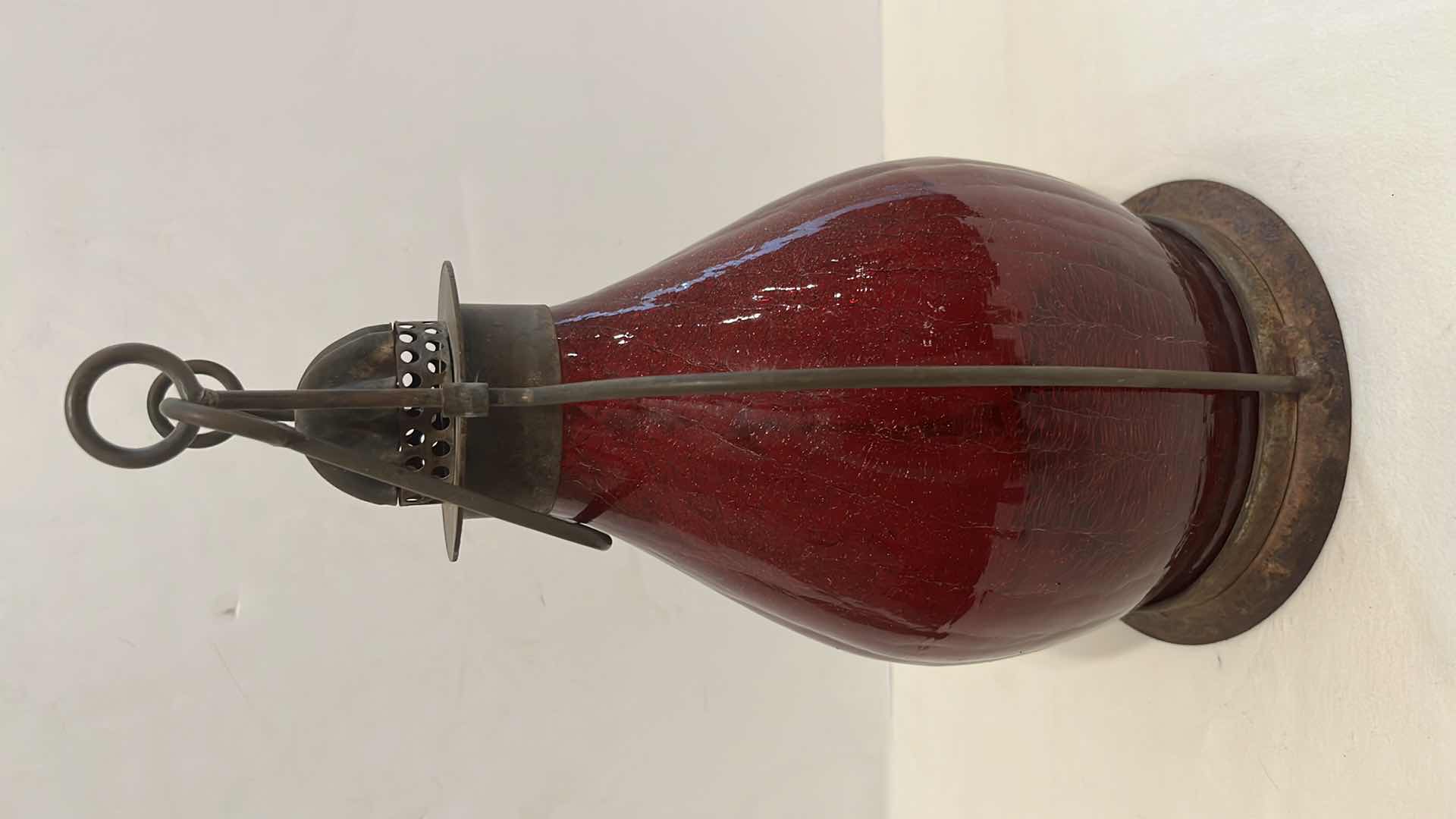Photo 4 of VINTAGE HAND WROUGHT IRON RED CRACKLE GLASS LANTERN 13”