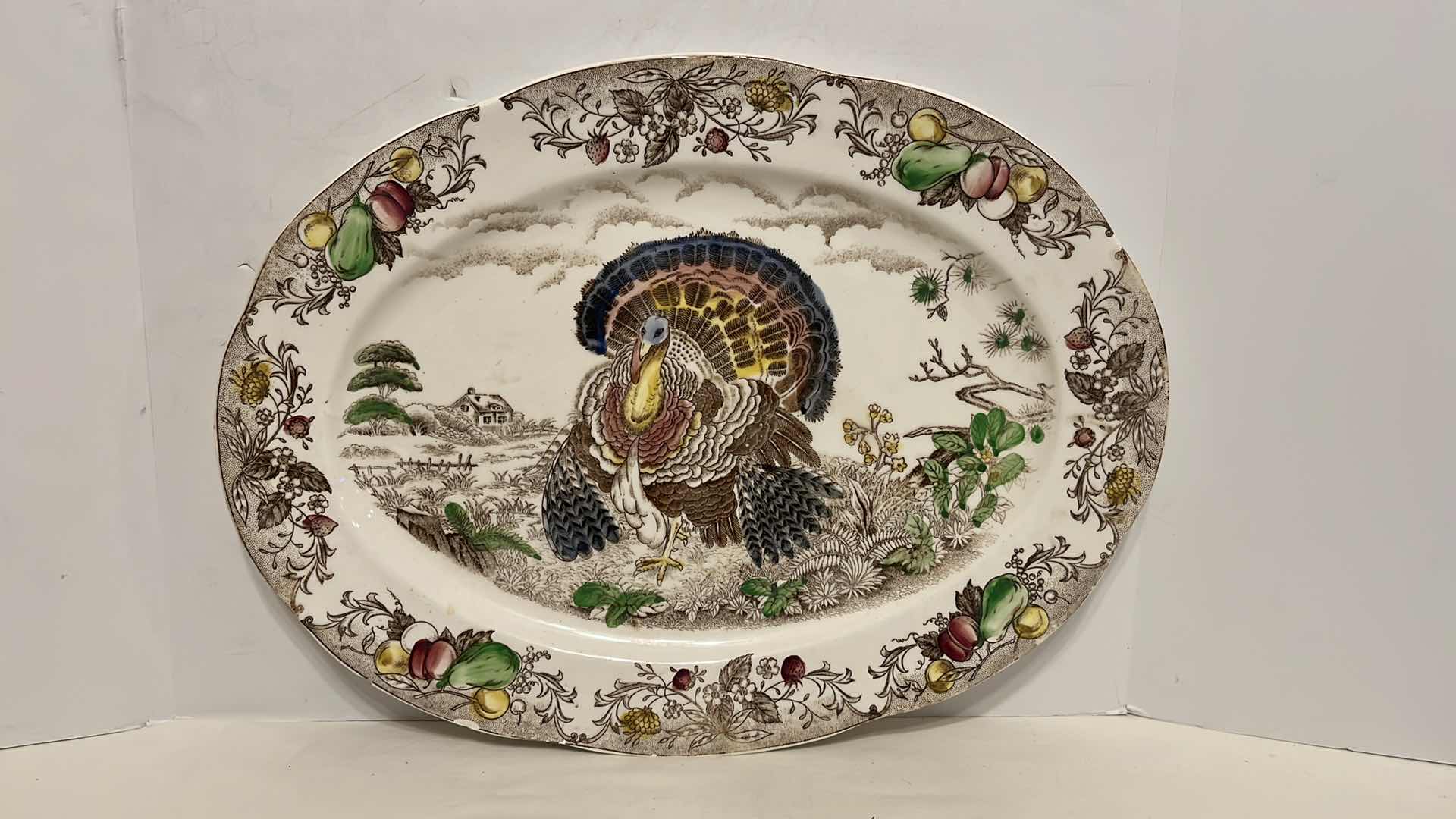 Photo 2 of VINTAGE TURKEY PLATTER 13.5” X 18” & DIVIDED ROUND FRUIT DESIGN SERVING TRAY 11.75”
