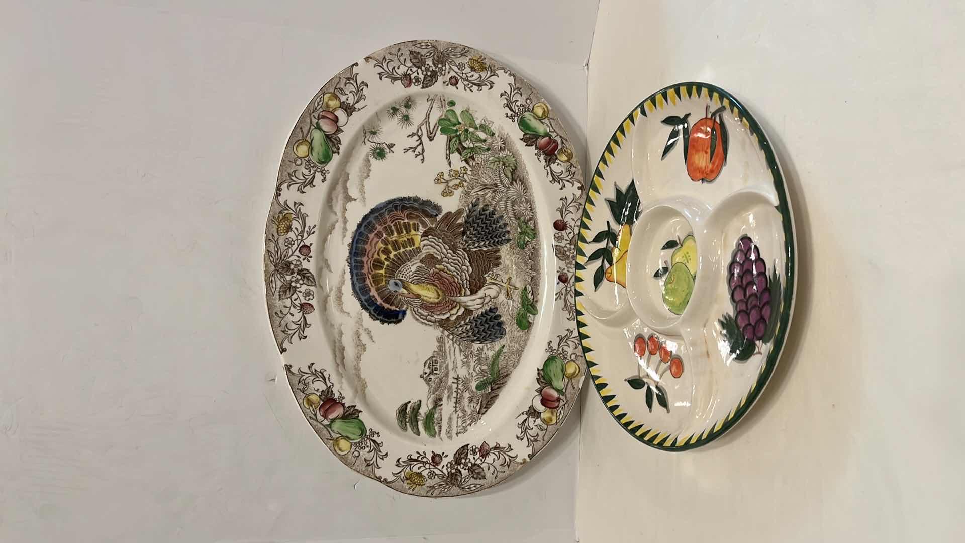 Photo 1 of VINTAGE TURKEY PLATTER 13.5” X 18” & DIVIDED ROUND FRUIT DESIGN SERVING TRAY 11.75”