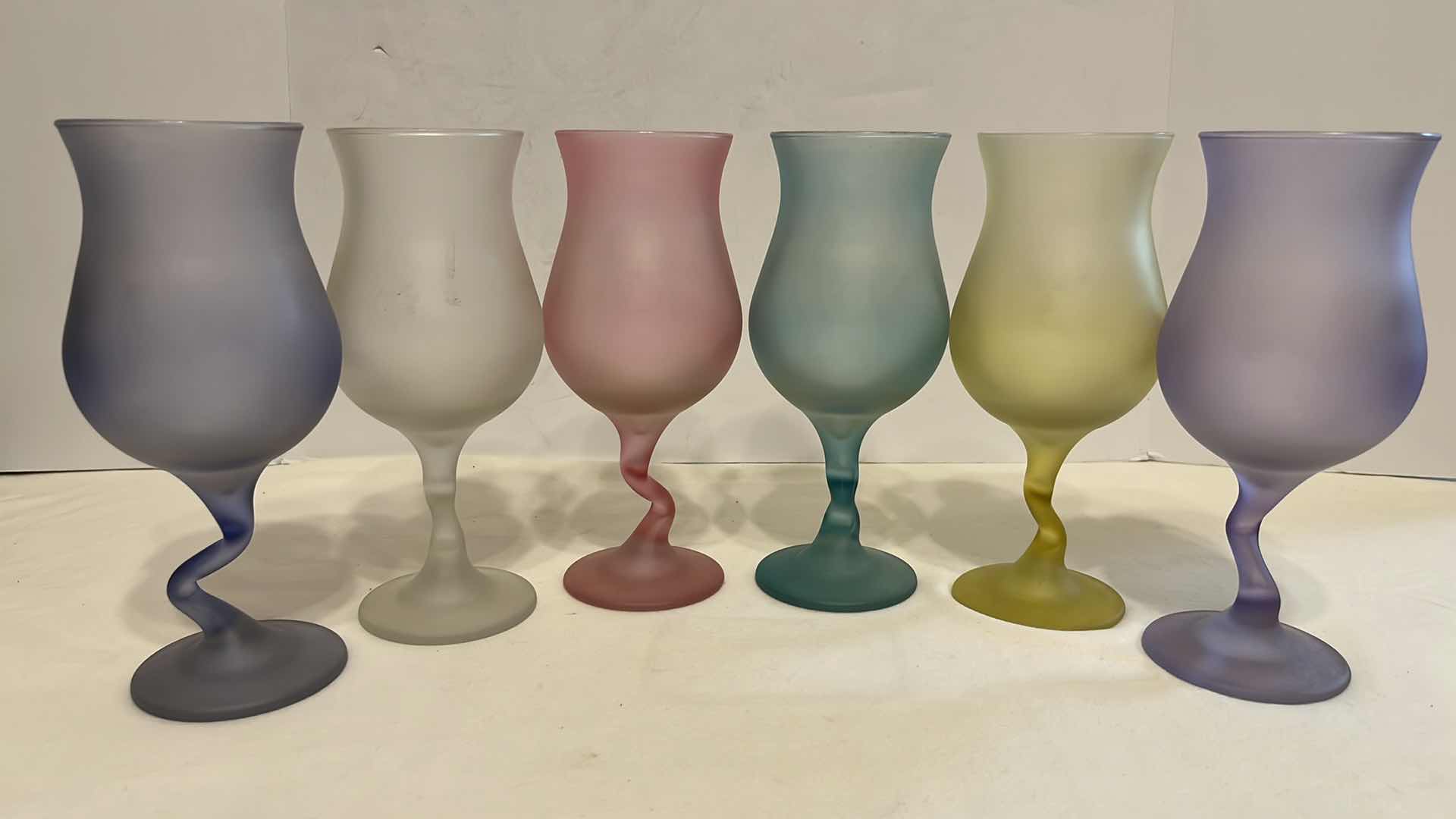 Photo 1 of LIBBEY WATUSI Z-STEM 90’S VINTAGE FROSTED PASTEL WINE GLASSES 7.75” (6)