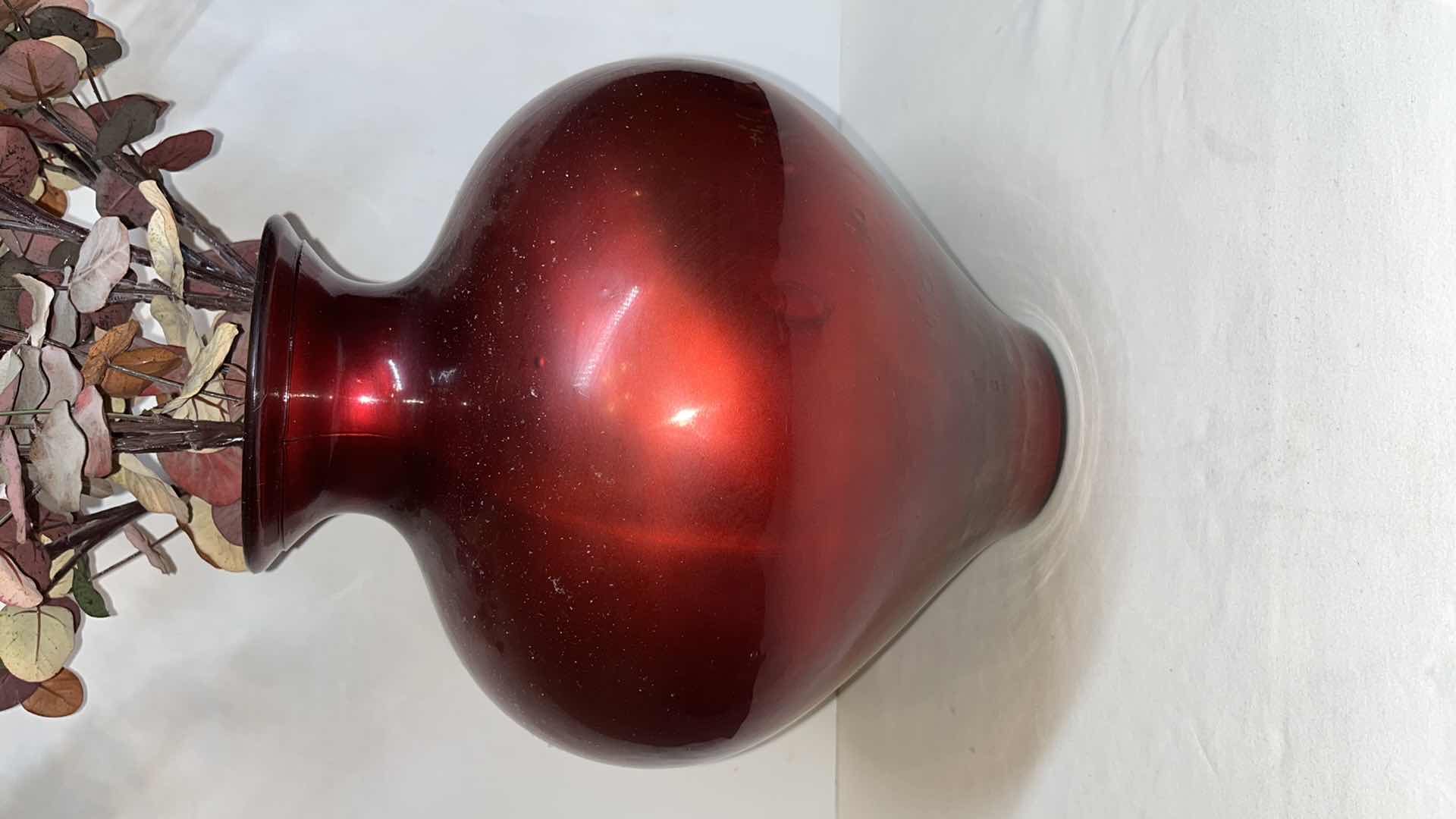 Photo 1 of CERAMIC 13.5” RUBY RED VASE & ARTIFICIAL PLANT