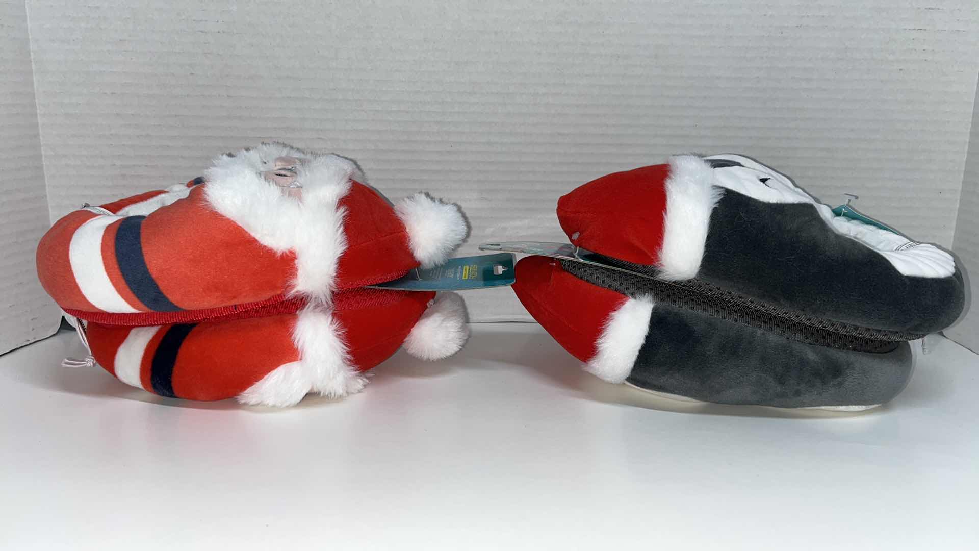 Photo 1 of KELLYTOY SQUISHMALLOWS PLUSH KIDS SLIPPERS, SANTA/PENGUIN SIZE 11-12 (2)