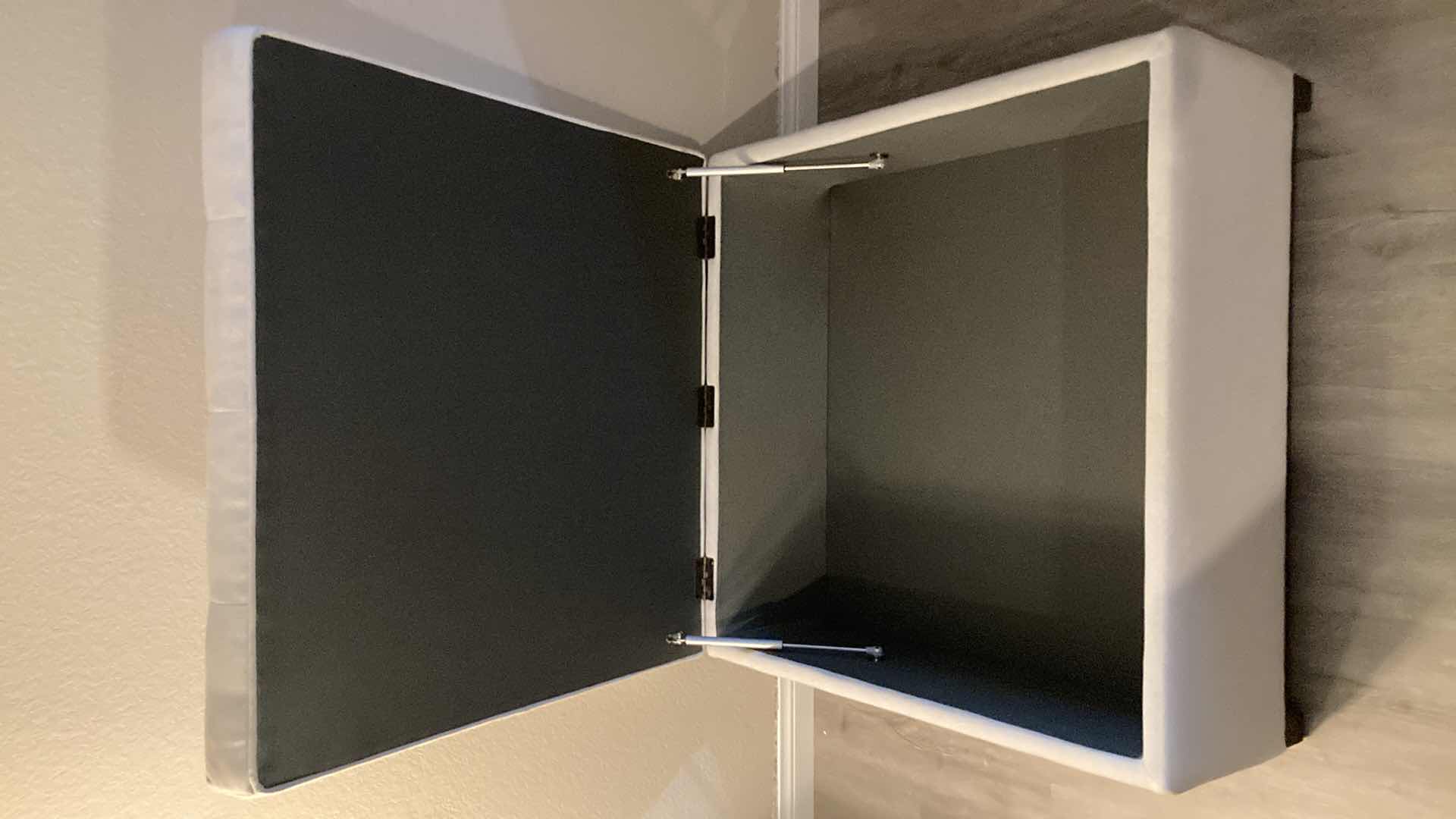 Photo 5 of JASON FURNITURE OVERSIZED WHITE POLYESTER DARK WOOD BASE SQUARE OTTOMAN W STORAGE 36” X 36” H18”