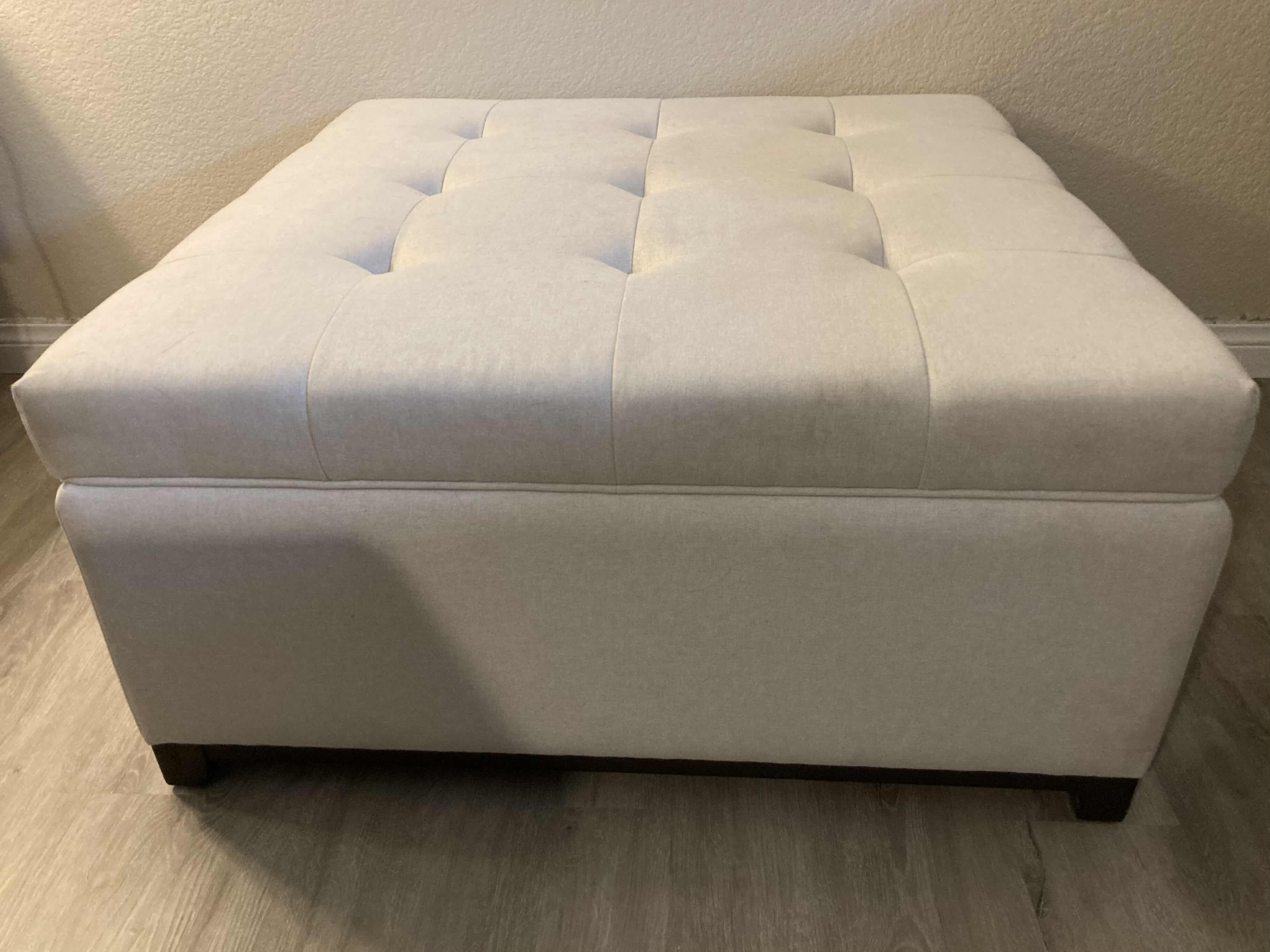 Photo 1 of JASON FURNITURE OVERSIZED WHITE POLYESTER DARK WOOD BASE SQUARE OTTOMAN W STORAGE 36” X 36” H18”