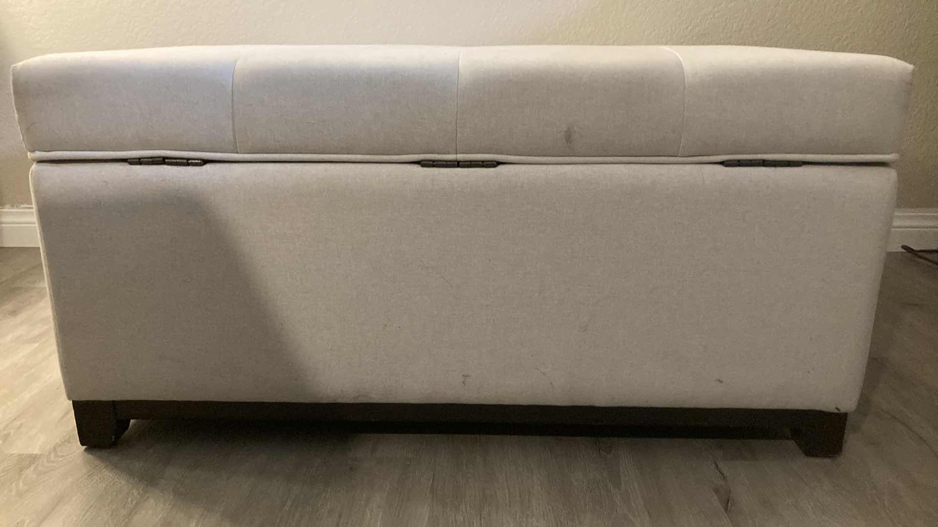 Photo 1 of JASON FURNITURE OVERSIZED WHITE POLYESTER DARK WOOD BASE SQUARE OTTOMAN W STORAGE 36” X 36” H18”