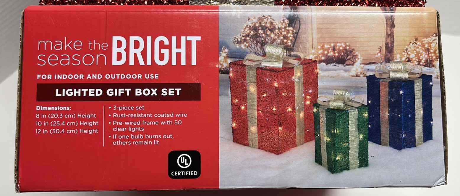 Photo 1 of NEW MAKE THE SEASON BRIGHT INDOOR/OUTDOOR LIGHTED GIFT BOX 3 PC SET 