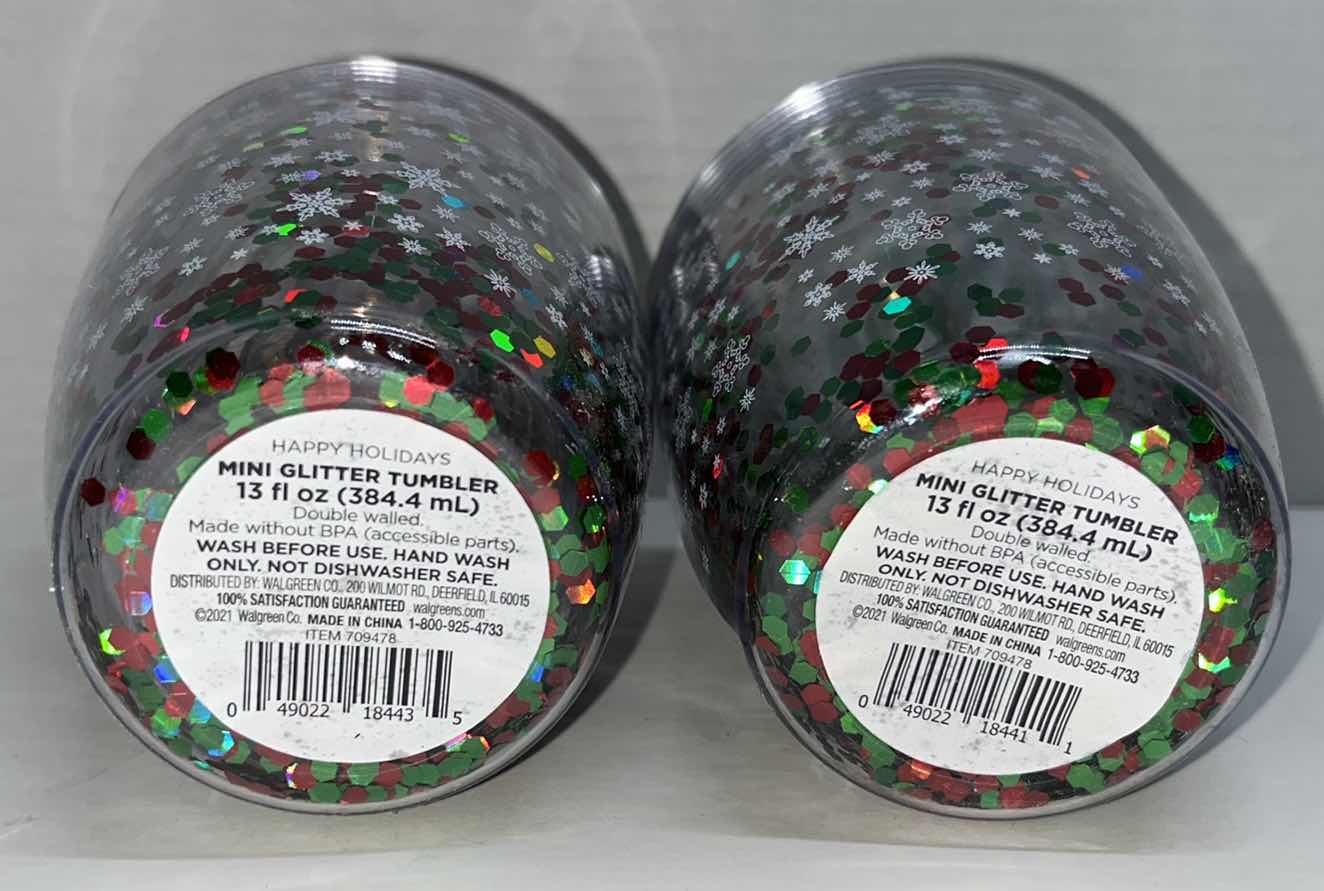 Photo 1 of NEW HAPPY HOLIDAYS MINI GLITTER FOUBLE WALLED 13 OZ TUMBLERS & NEW YEAR CHEER DISCO BALL 20 OZ TUMBLER (3)