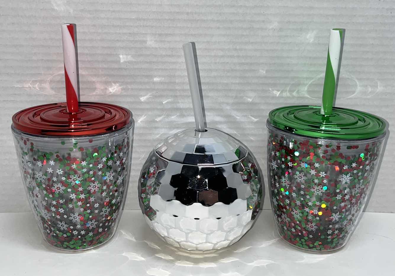 Photo 1 of NEW HAPPY HOLIDAYS MINI GLITTER FOUBLE WALLED 13 OZ TUMBLERS & NEW YEAR CHEER DISCO BALL 20 OZ TUMBLER (3)