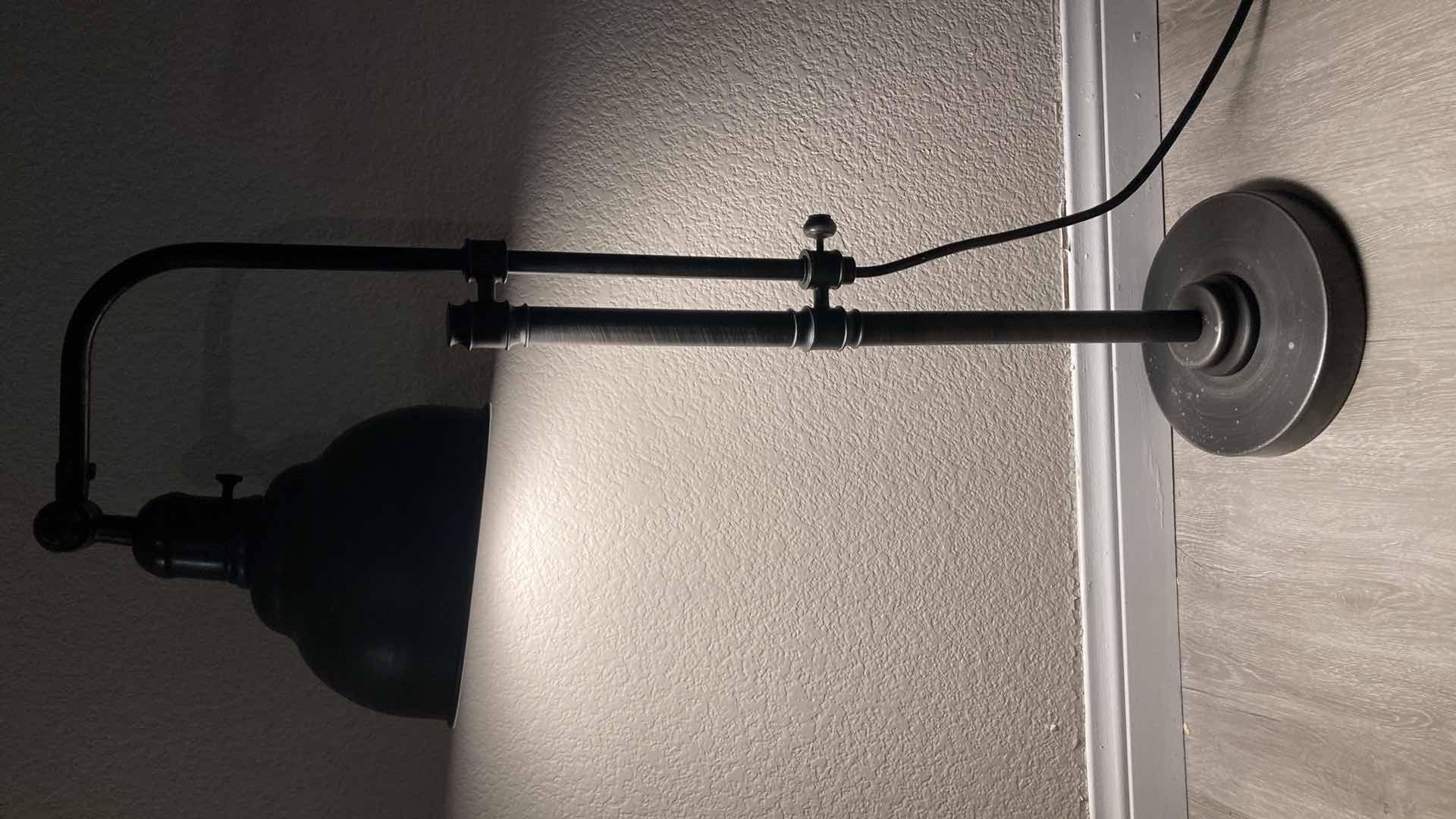 View 2 of AGED BRONZE MID-CENTURY STYLE ADJUSTABLE HEIGHT & ANGLE METAL TABLE LAMP 17” X 8” H27”-34”