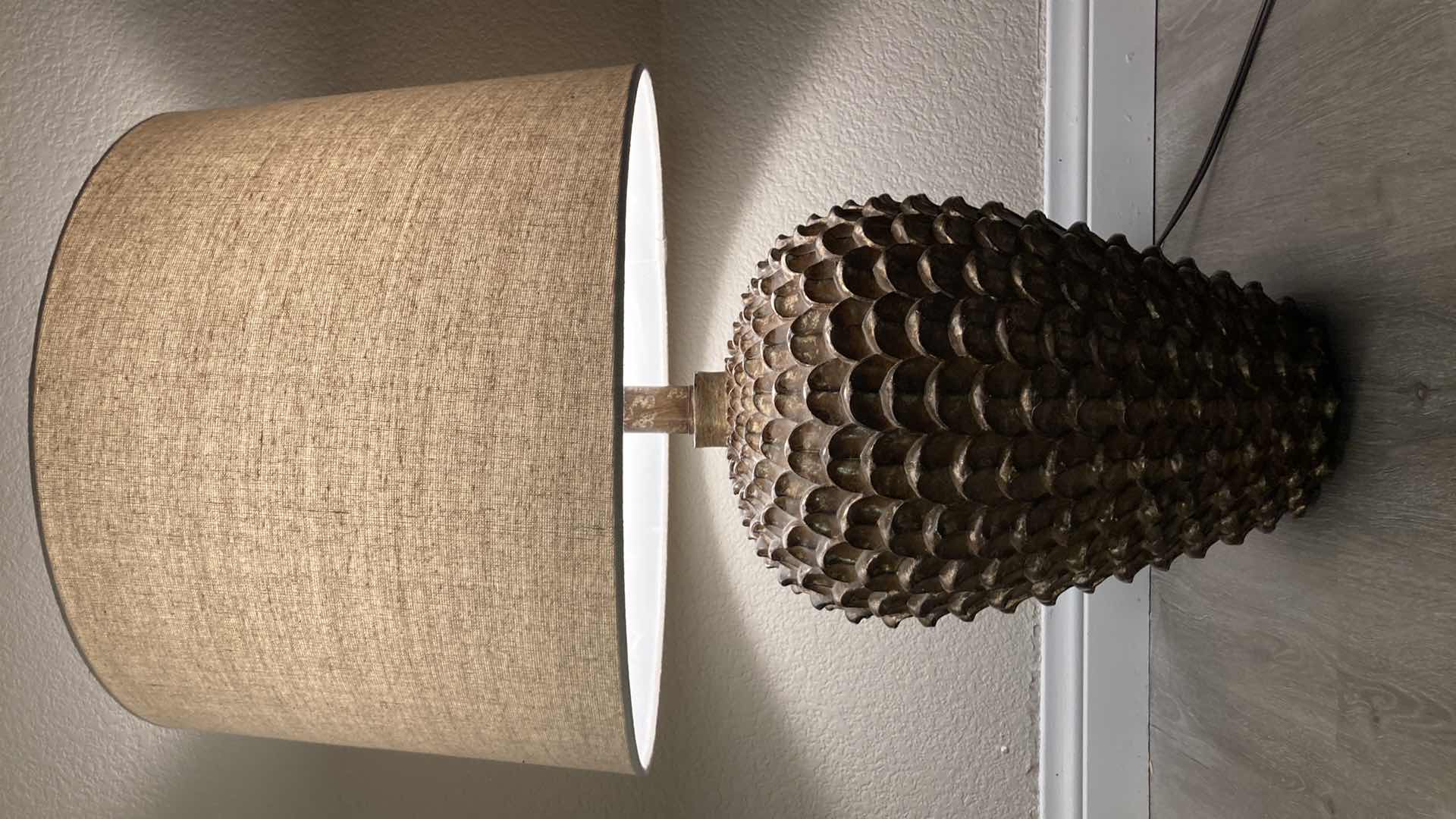 Photo 1 of PINE CONE BRONZE BASE TABLE LAMP 17” X 28”