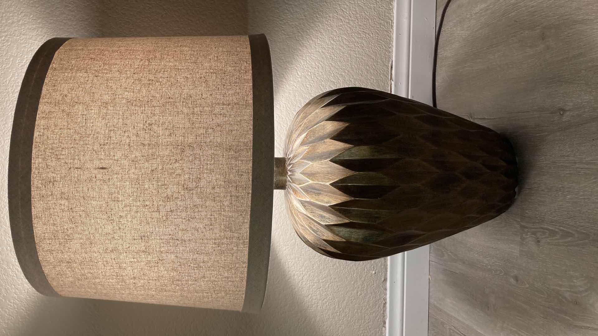 Photo 1 of HAMMERED STYLE BRONZE RESIN BASE BEIGE SHADE TABLE LAMP 15.5” X 28”