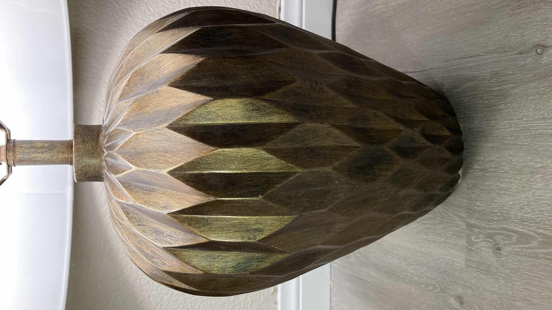 Photo 1 of HAMMERED STYLE BRONZE RESIN BASE BEIGE SHADE TABLE LAMP 15.5” X 28”