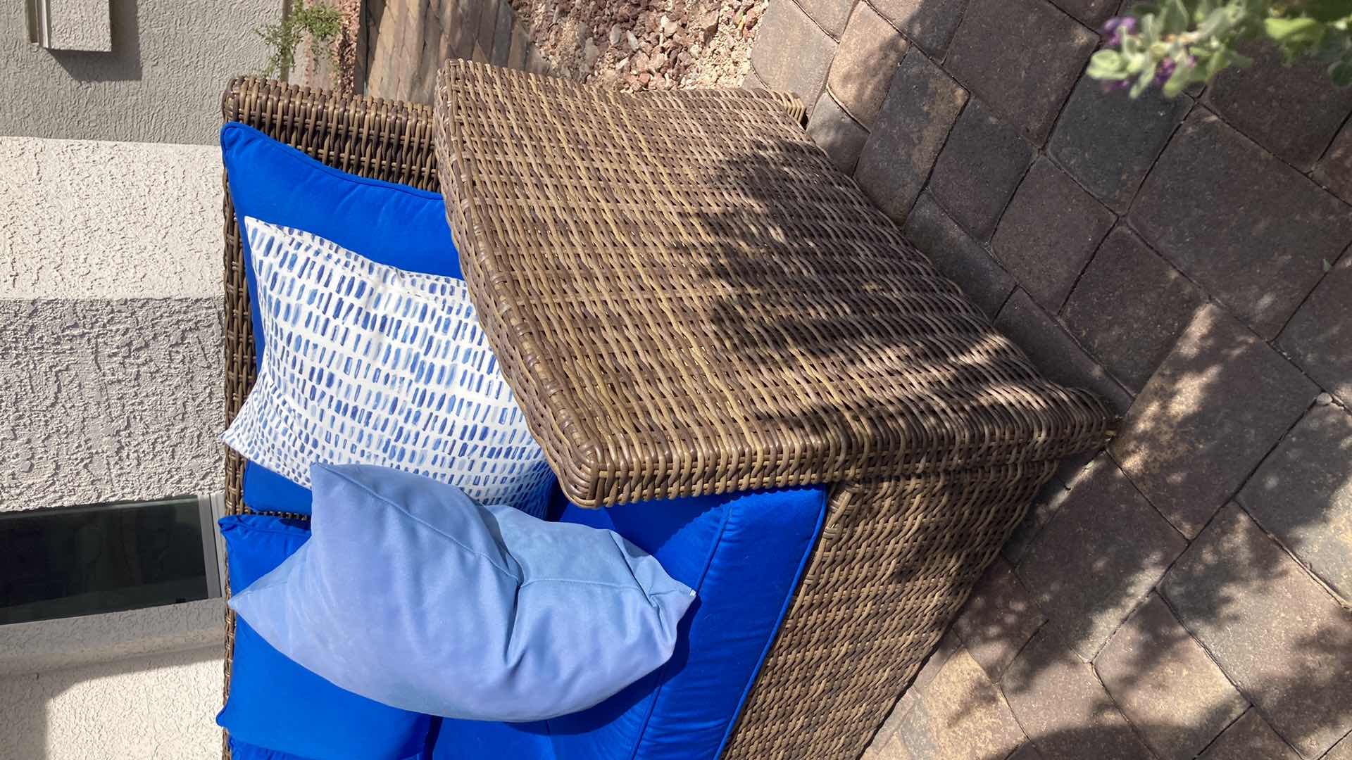 Photo 1 of CROSLEY FURNITURE WOVEN PATIO SOFA & CUSTOM MADE BLUE CUSHIONS W THROW PILLOWS 80” X 31” H32”