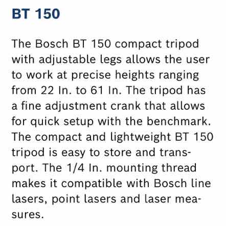Photo 1 of BOSCH STAND BT 150 LASER LEVEL COMPACT TRIPOD, MODEL 3601K96B10