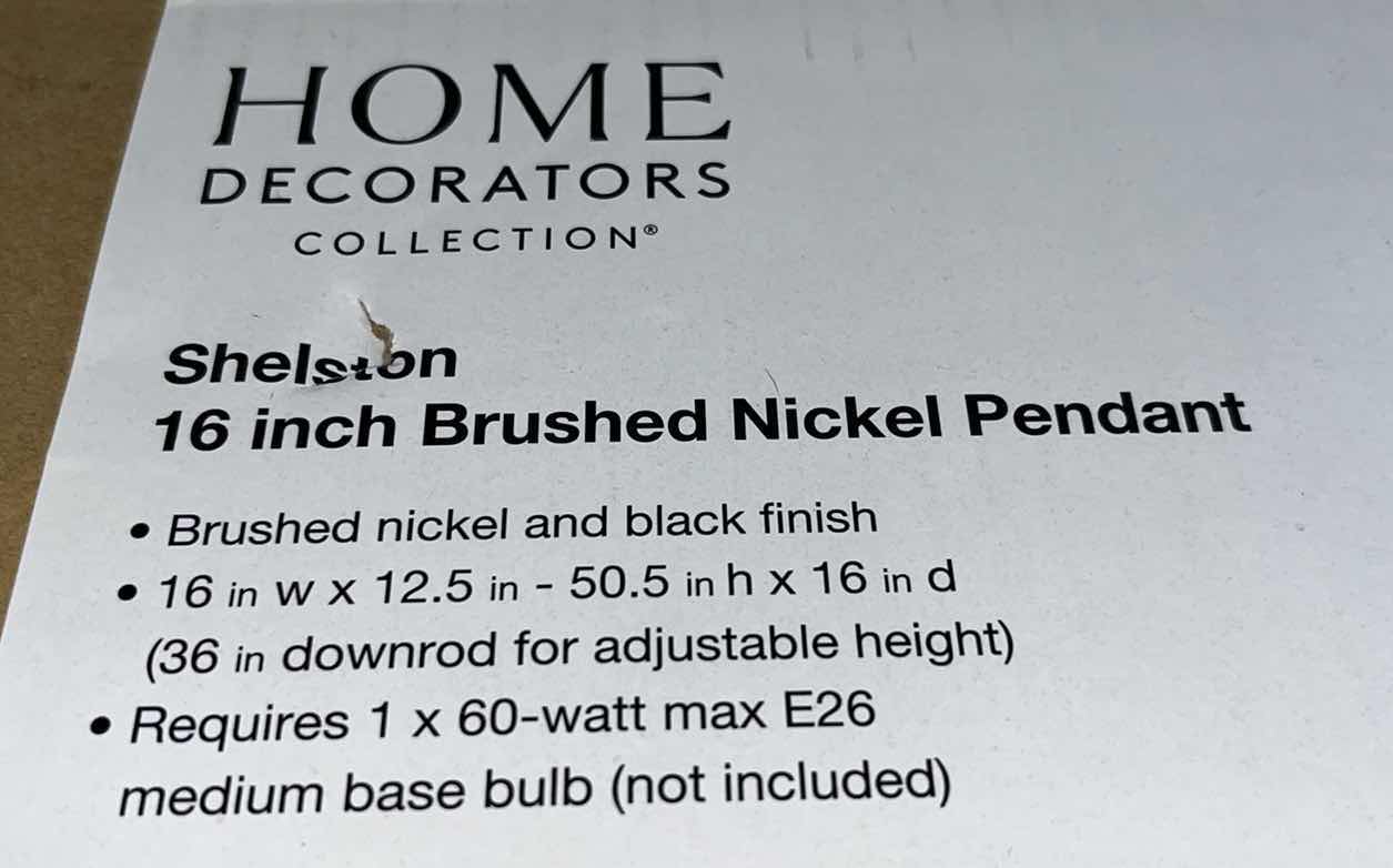 Photo 1 of NEW HOME DECORATORS COLLECTION SHELSTON 16” BRUSHED NICKEL PENDANT FIXTURE, MODEL RS20190724116BN