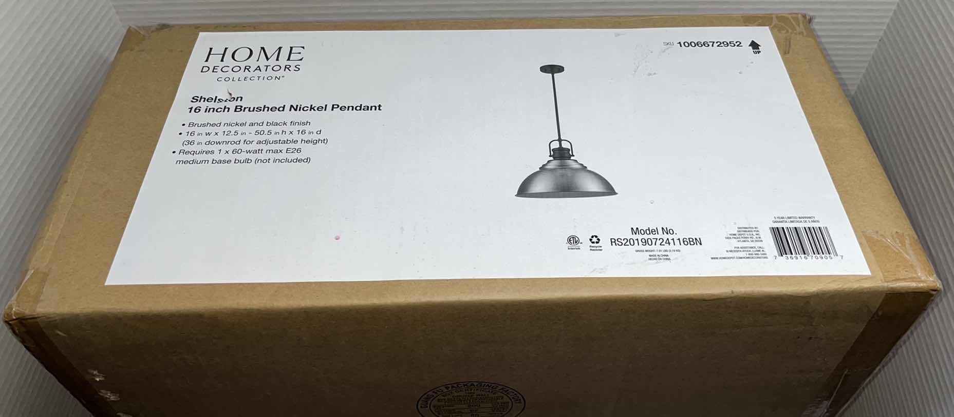 Photo 1 of NEW HOME DECORATORS COLLECTION SHELSTON 16” BRUSHED NICKEL PENDANT FIXTURE, MODEL RS20190724116BN