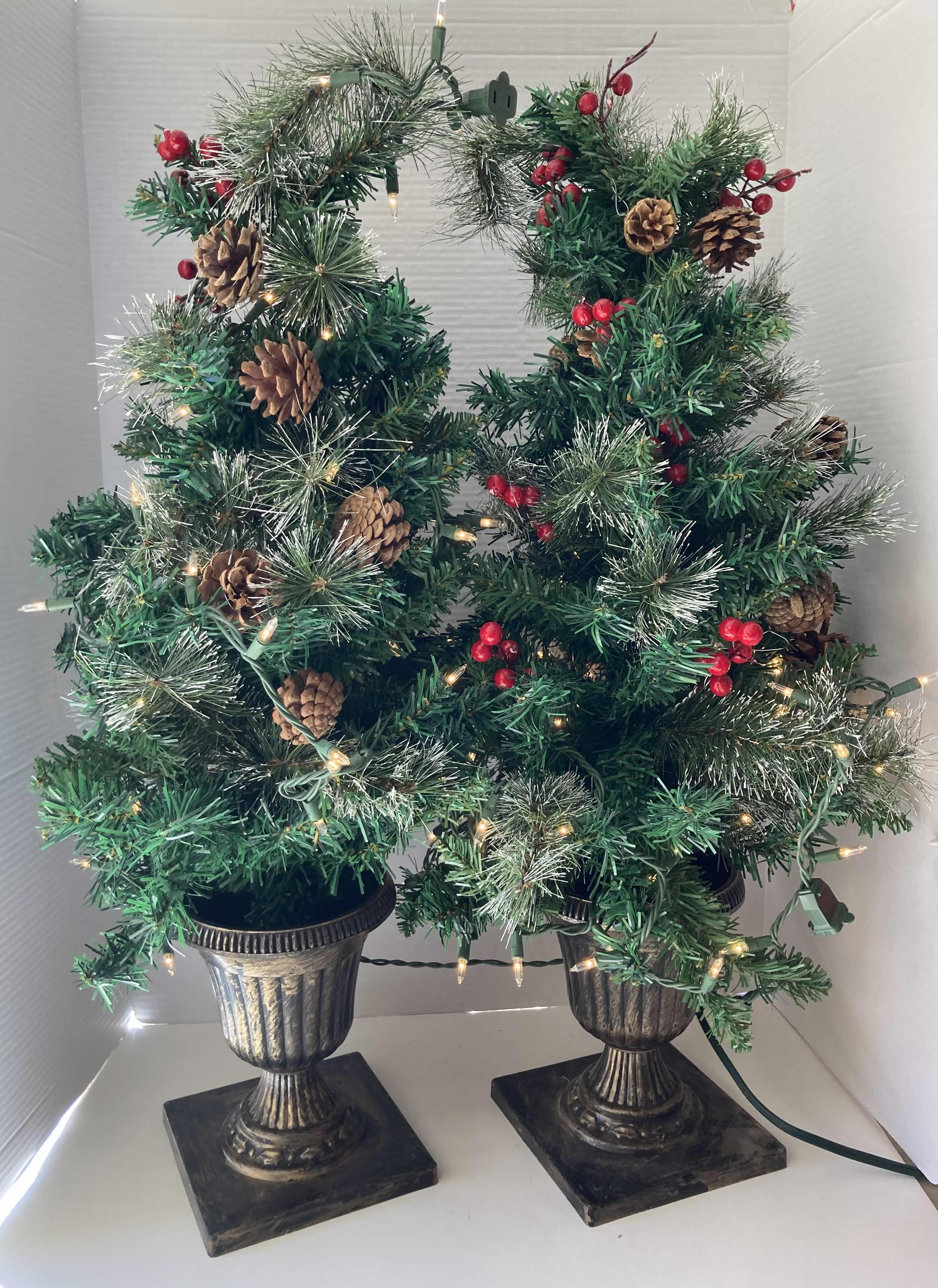 Photo 1 of MINI LIGHT UP CHRISTMAS TREES W AGED BRONZE PLASTIC POTS (2) 12” X 32”