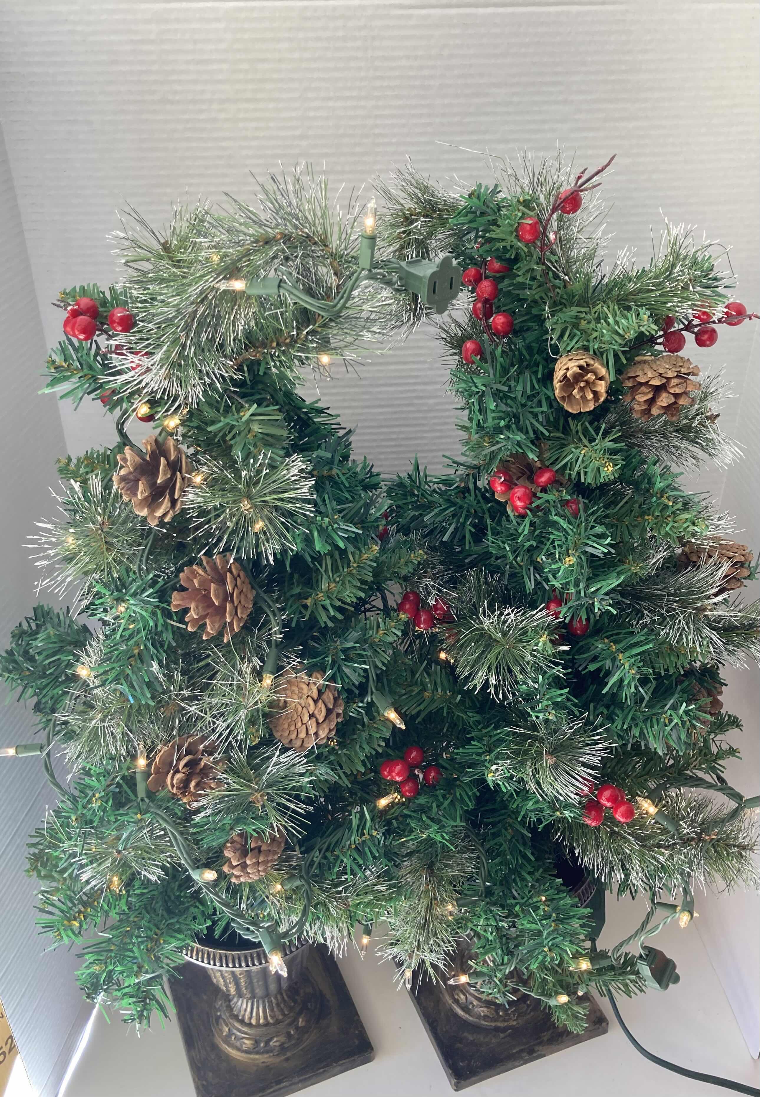 Photo 2 of MINI LIGHT UP CHRISTMAS TREES W AGED BRONZE PLASTIC POTS (2) 12” X 32”