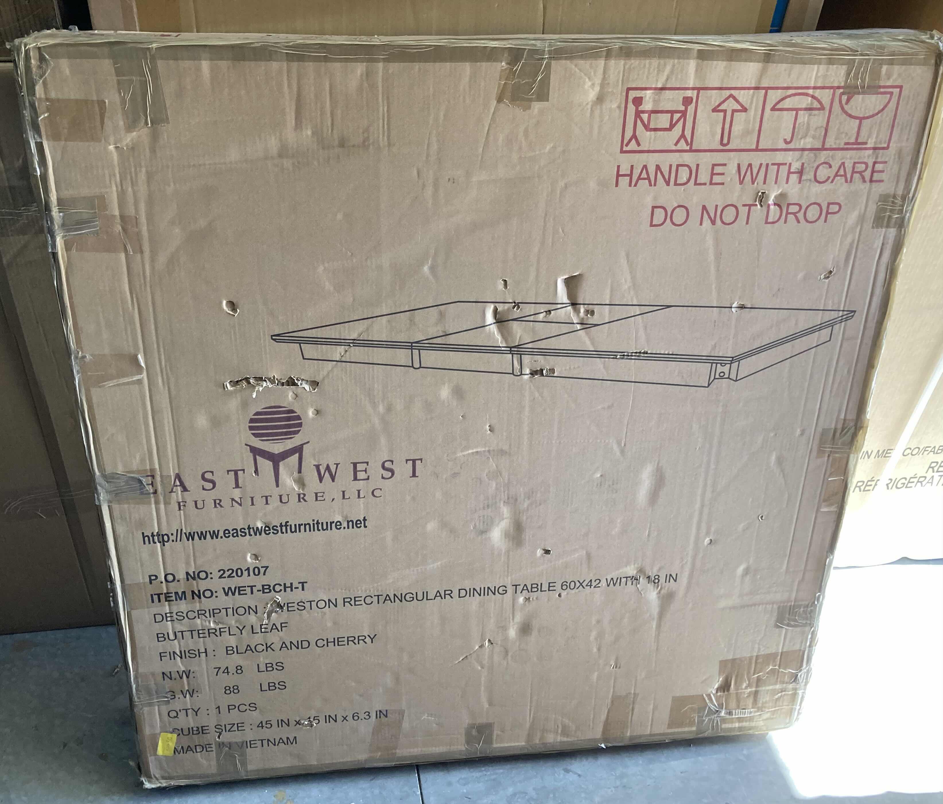 Photo 1 of NEW EAST WEST FURNITURE WESTON BLACK & CHERRY WOOD FINISH RECTANGLE DINING TABLE TOP ONLY W 18” BUTTERFLY LEAF MODEL WET-BCH-T 60” X 42”