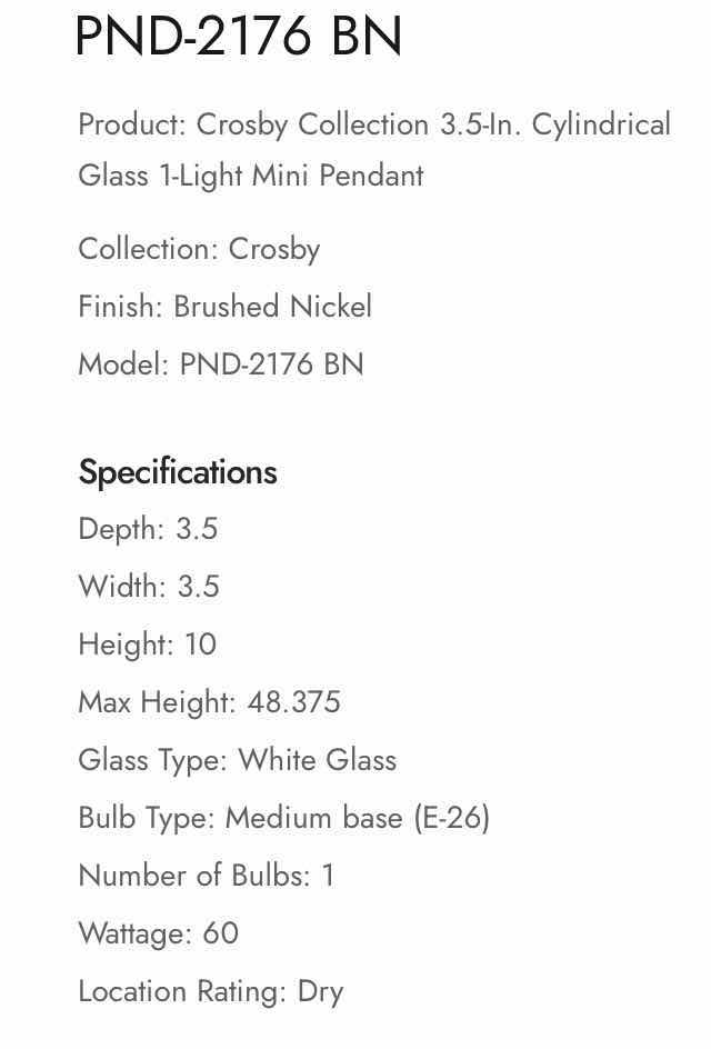 Photo 1 of NEW TRANS GLOBE LIGHTING BRUSHED NICKEL COSBY MINI PENDANT LIGHT MODEL PND-2176BN