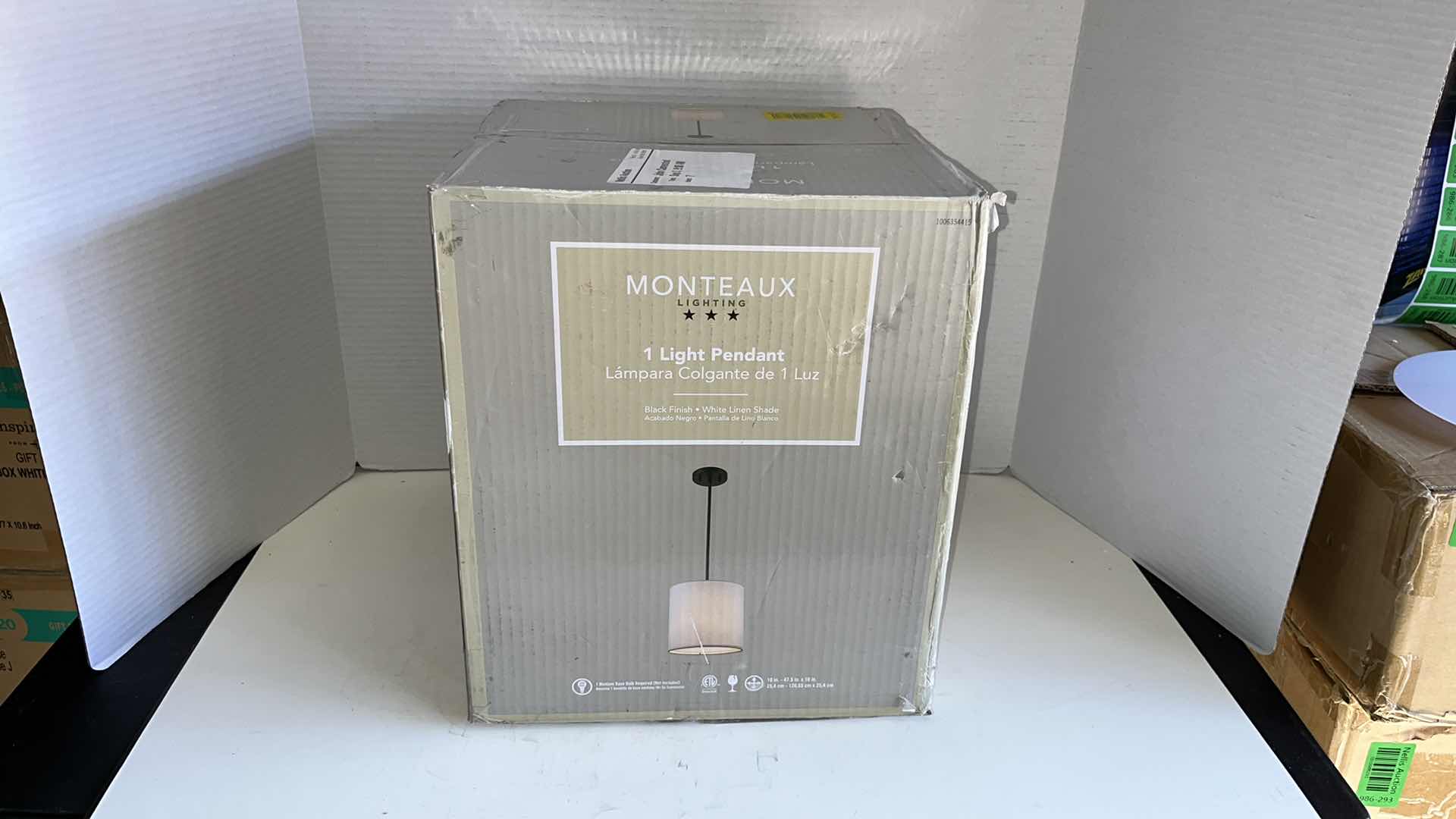 Photo 1 of NEW MONTEAUX LIGHTING 1-LIGHT PENDANT, BLACK FINISH W WHITE LINEN SHADE 10” X 10” 47.5” MODEL 1006354415