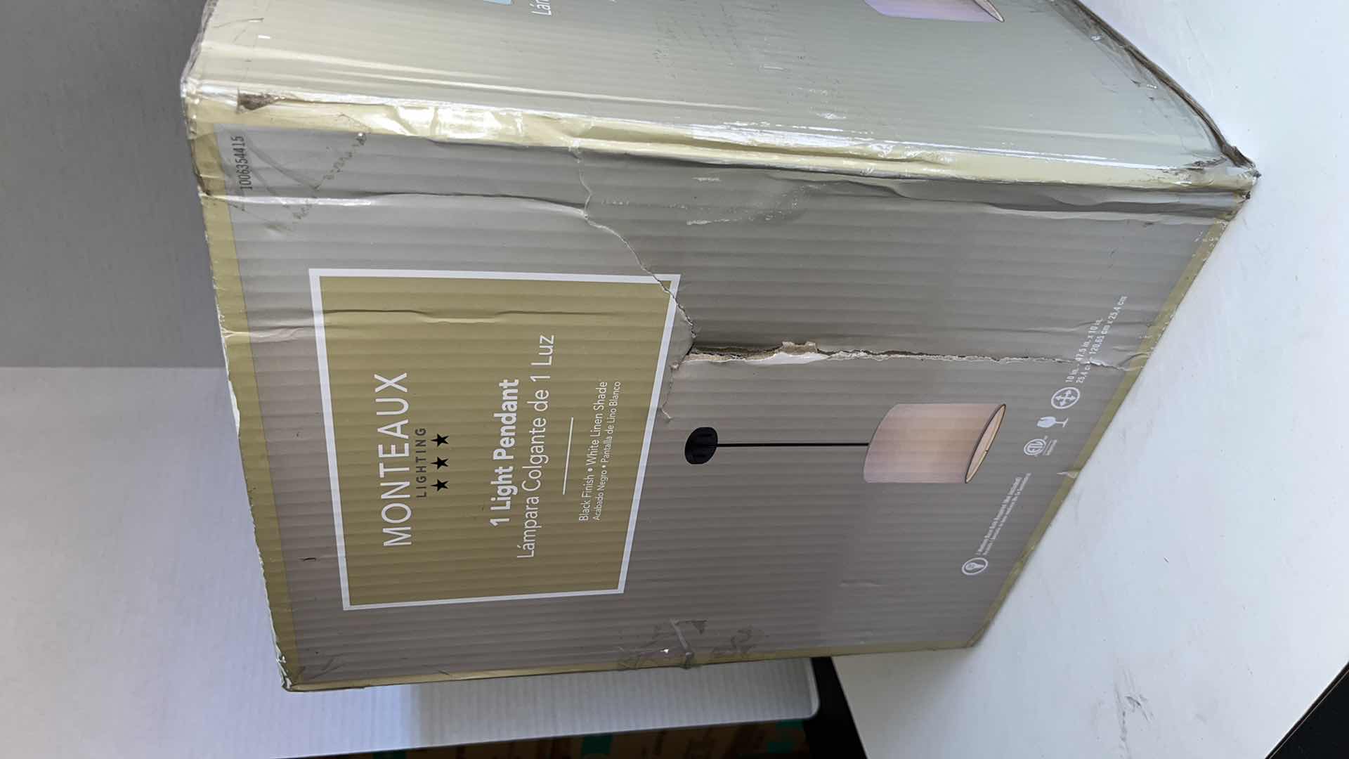 Photo 1 of NEW MONTEAUX LIGHTING 1-LIGHT PENDANT, BLACK FINISH W WHITE LINEN SHADE 10” X 10” 47.5” MODEL 1006354415