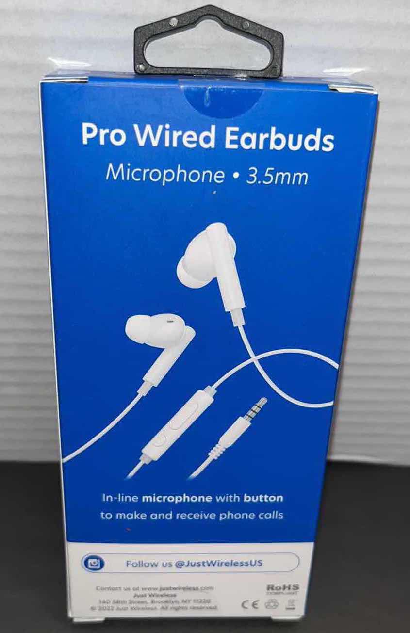 Photo 1 of NEW JUST WIRELESS PRO WIRED EARBUDS W MICROPHONE, FOR AUDIO 3.5mm JACK (WHITE)