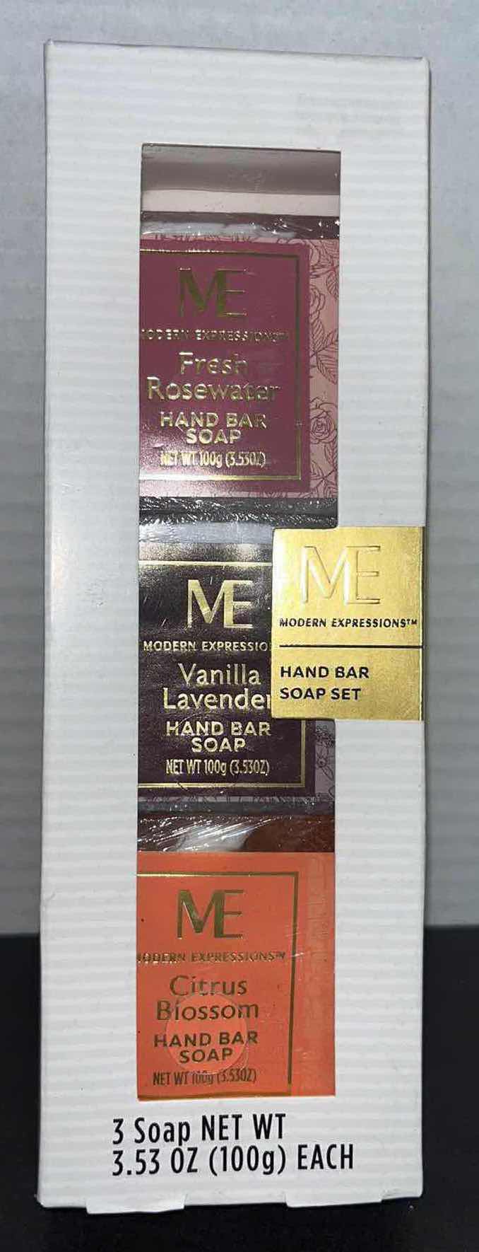 Photo 1 of NEW MODERN EXPRESSIONS HAND BAR SOAP 3-PC SET & 2 JARS VANILLA LAVENDER BATH EXFOLIATING SUGAR CUBES