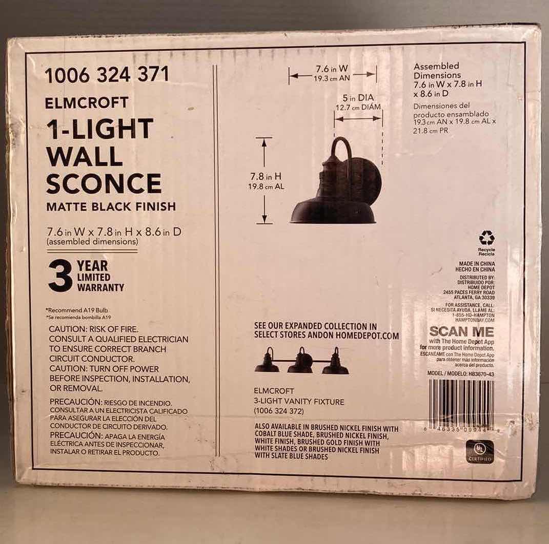 Photo 1 of NEW HAMPTON BAY ELMCROFT 1 LIGHT MATTE BLACK SCONCE MODEL 1006 324 371