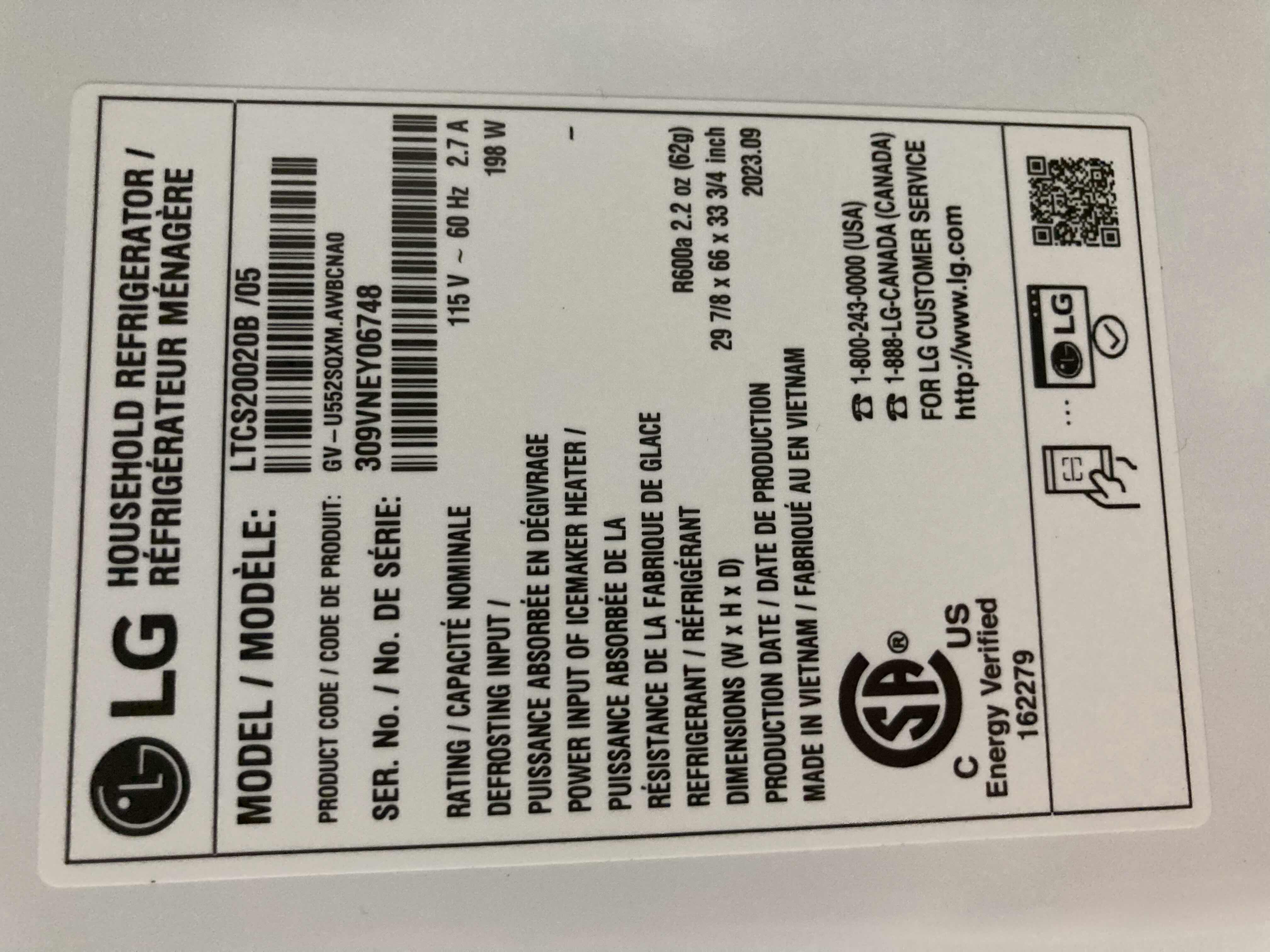 Photo 1 of NEW LG 20CU.FT BLACK TOP FREEZE REFRIGERATOR MODEL LTCS20020B