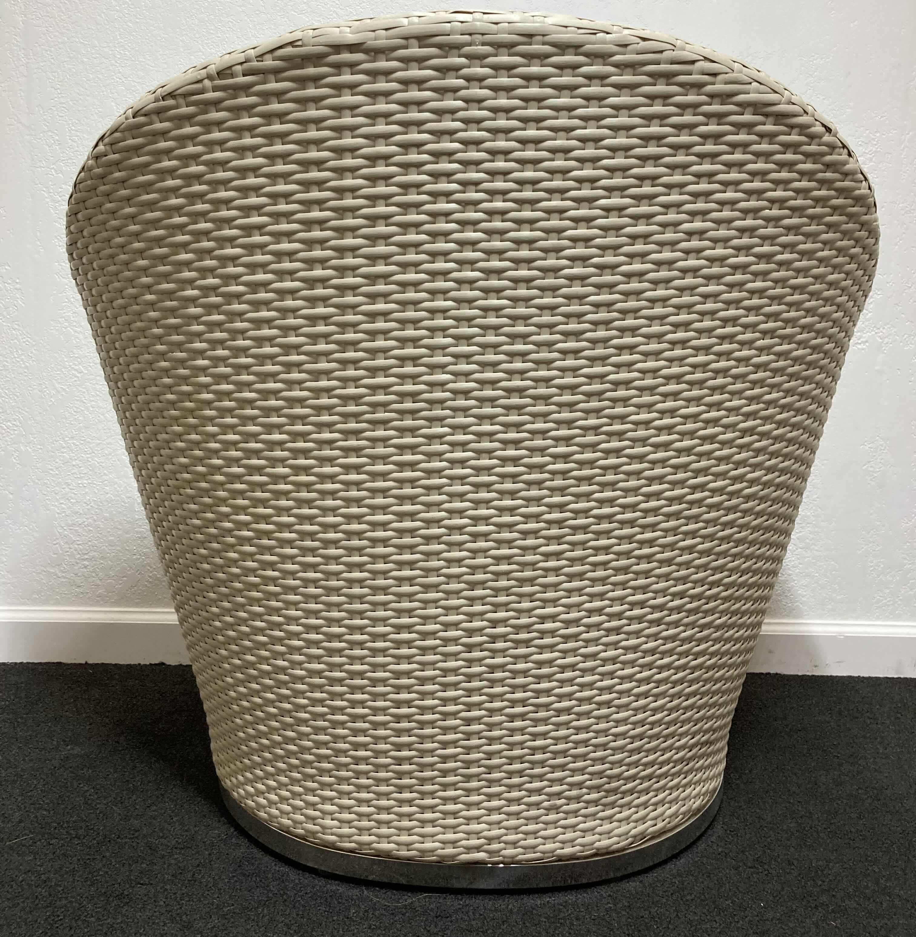 Photo 1 of SILHOUETTE OUTDOOR FURNITURE OFF-WHITE LUXURY WOVEN WICKER LOUNGE CHAIR W SEAT CUSHION & CHROME FINISH BASE 33” X 24” H28.5”