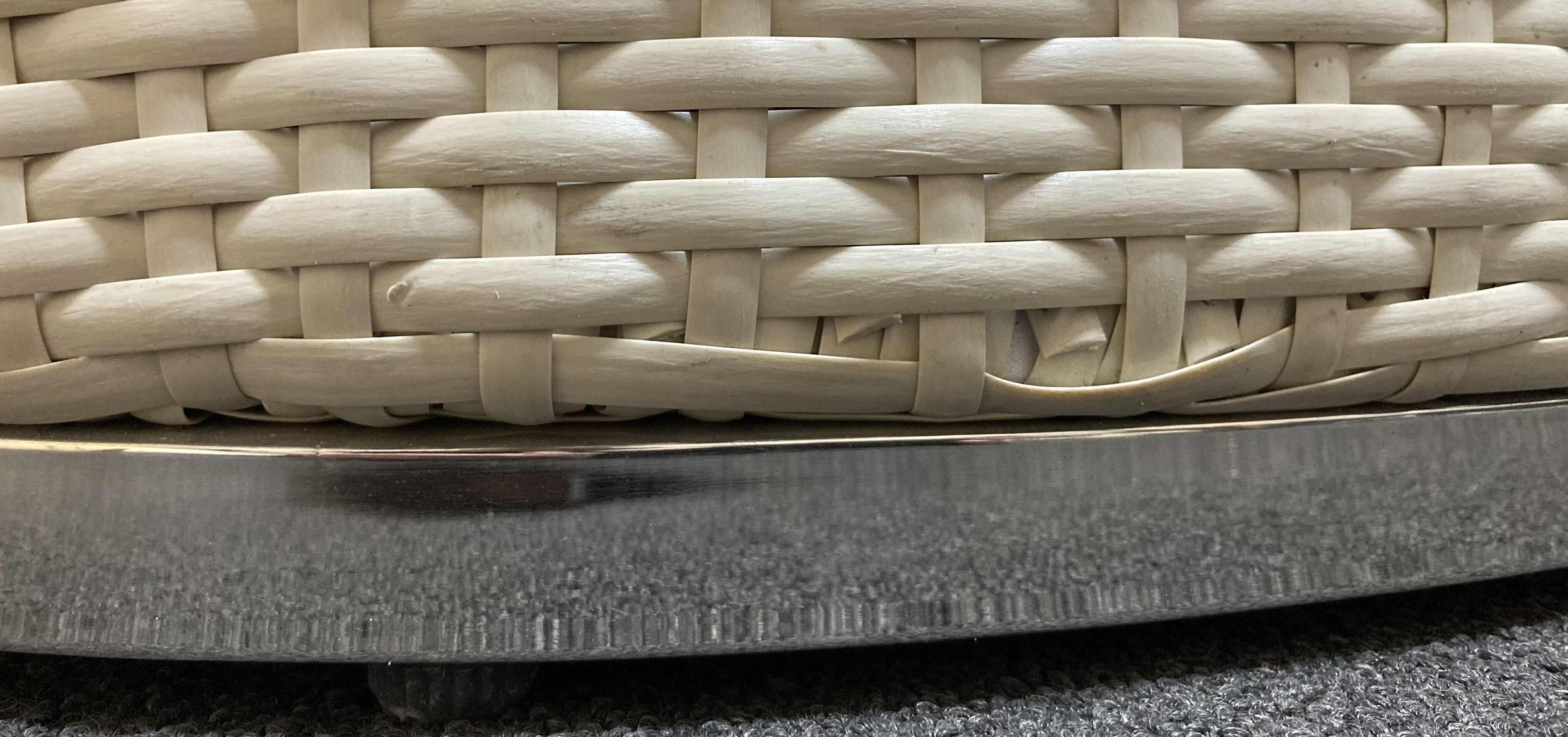 Photo 1 of SILHOUETTE OUTDOOR FURNITURE OFF-WHITE LUXURY WOVEN WICKER LOUNGE CHAIR W SEAT CUSHION & CHROME FINISH BASE 33” X 24” H28.5”