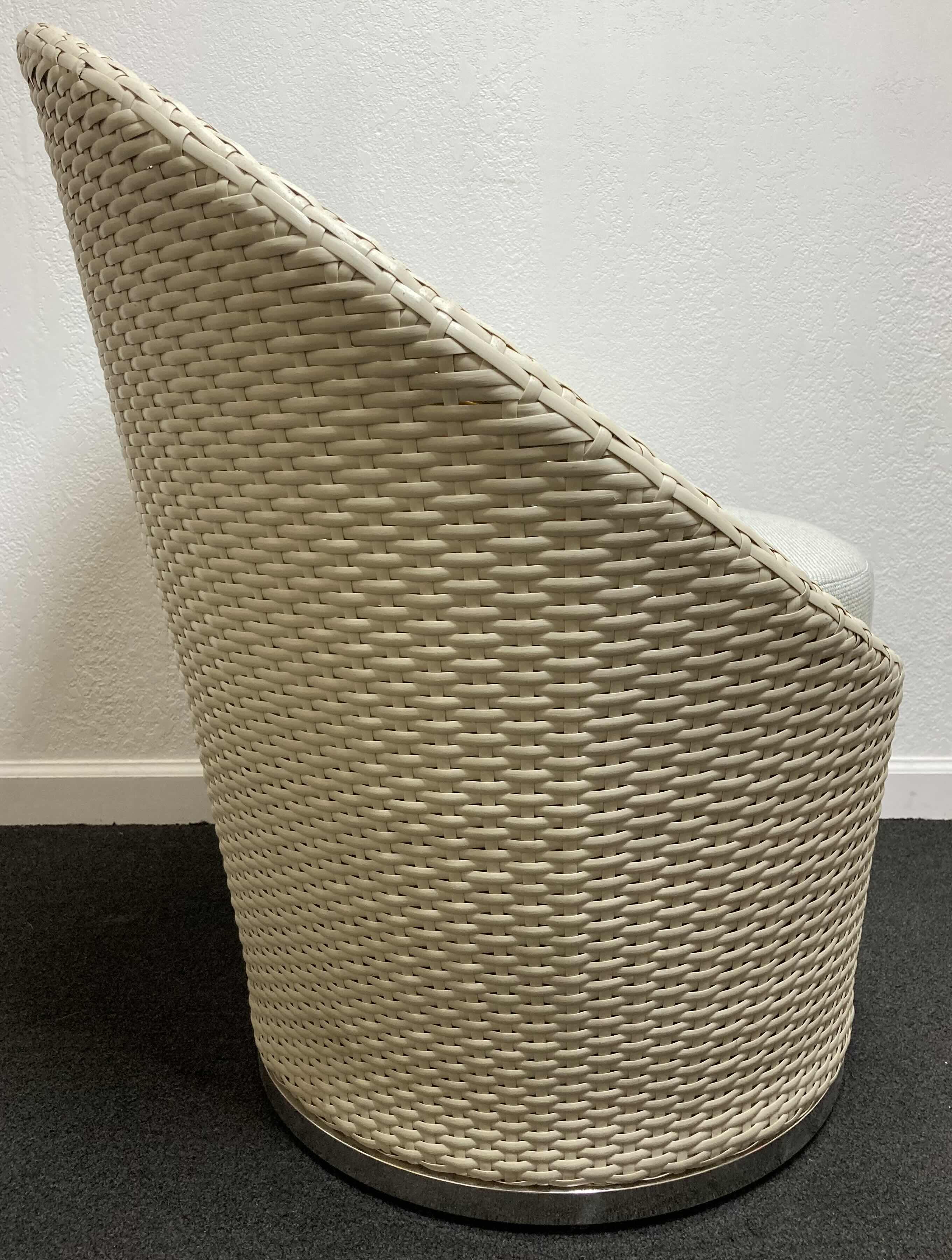 Photo 1 of SILHOUETTE OUTDOOR FURNITURE OFF-WHITE LUXURY WOVEN WICKER LOUNGE CHAIR W SEAT CUSHION & CHROME FINISH BASE 33” X 24” H28.5”