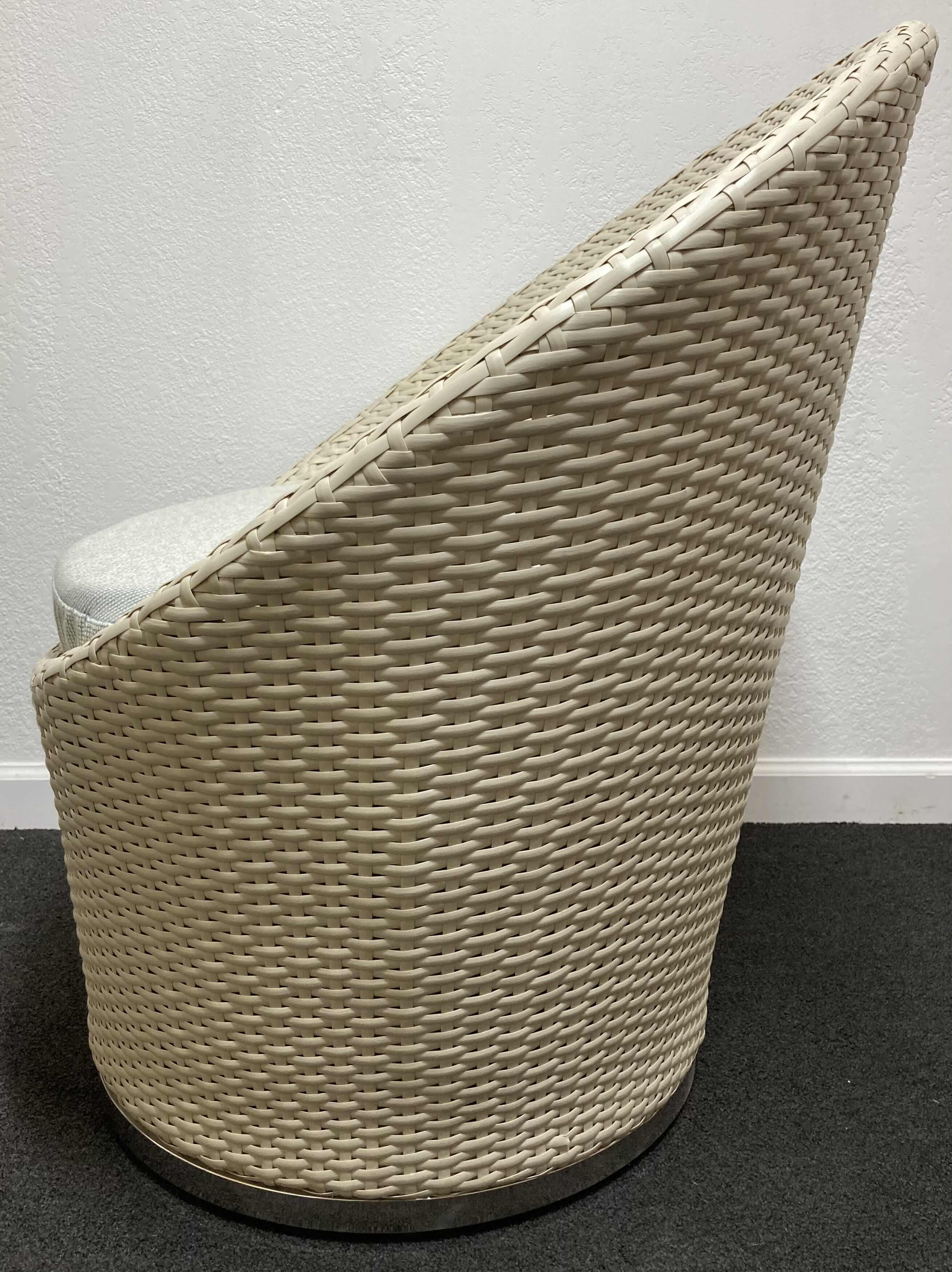 Photo 1 of SILHOUETTE OUTDOOR FURNITURE OFF-WHITE LUXURY WOVEN WICKER LOUNGE CHAIR W SEAT CUSHION & CHROME FINISH BASE 33” X 24” H28.5”