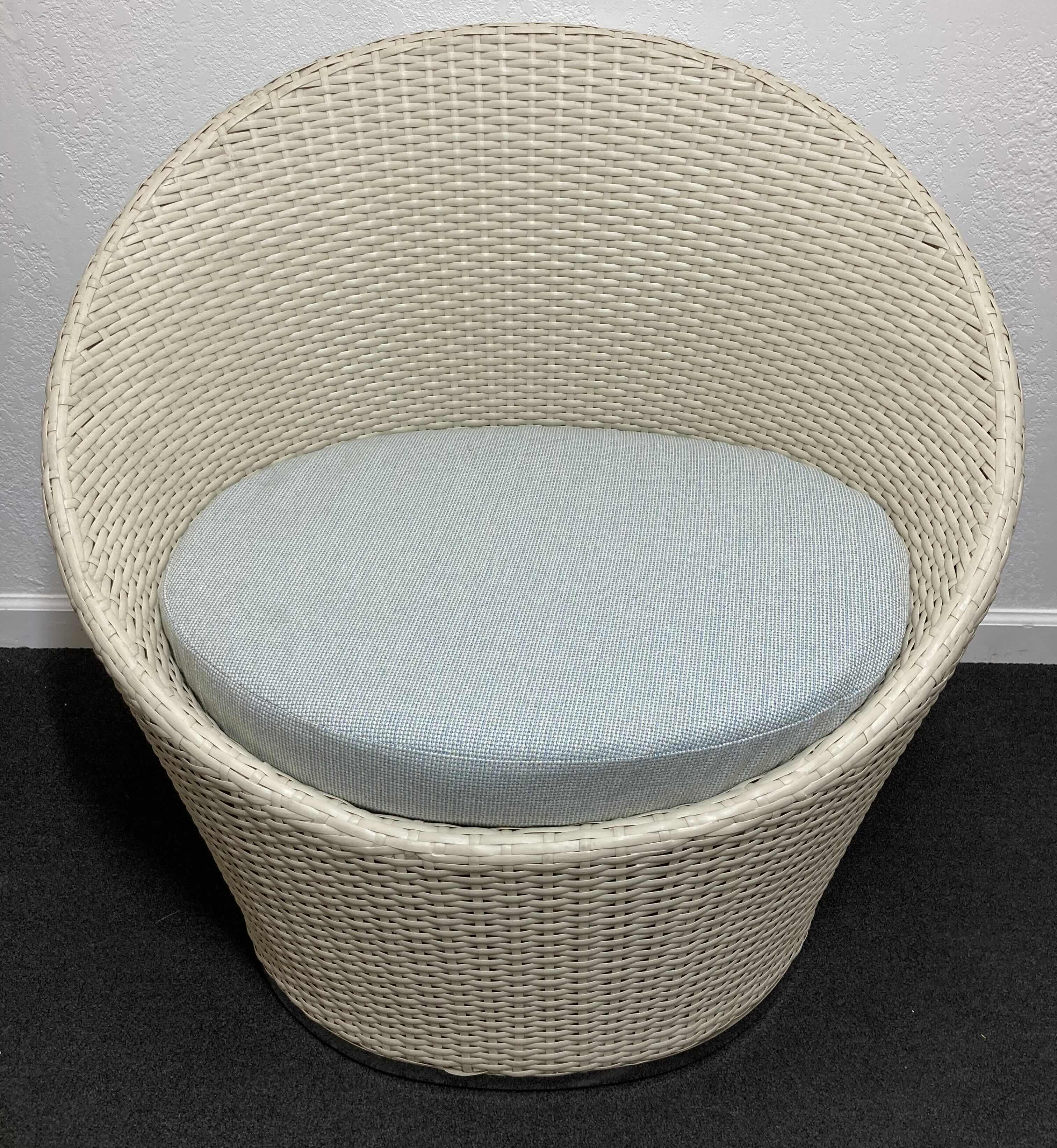Photo 1 of SILHOUETTE OUTDOOR FURNITURE OFF-WHITE LUXURY WOVEN WICKER LOUNGE CHAIR W SEAT CUSHION & CHROME FINISH BASE 33” X 24” H28.5”
