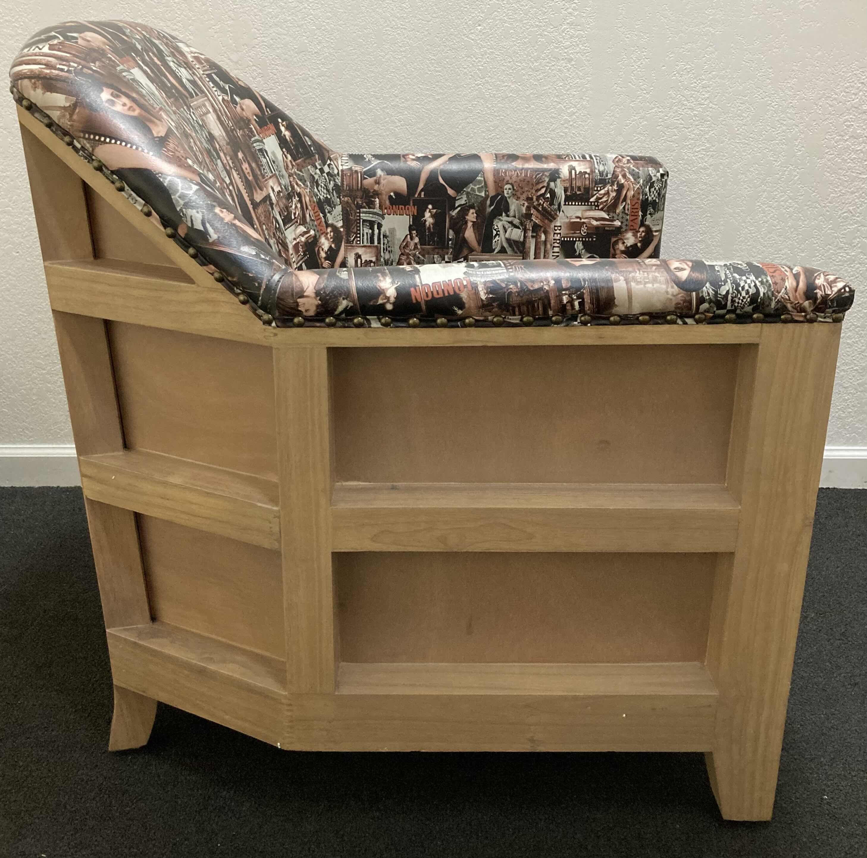 Photo 1 of EUROPEAN SEXY LAVISH LIFESTYLE LITHOGRAPH STYLE VINYL PRINT UPHOLSTERY WOOD BASE CUSTOM MADE LOUNGE CHAIR 31.5” X 32.5” H33”