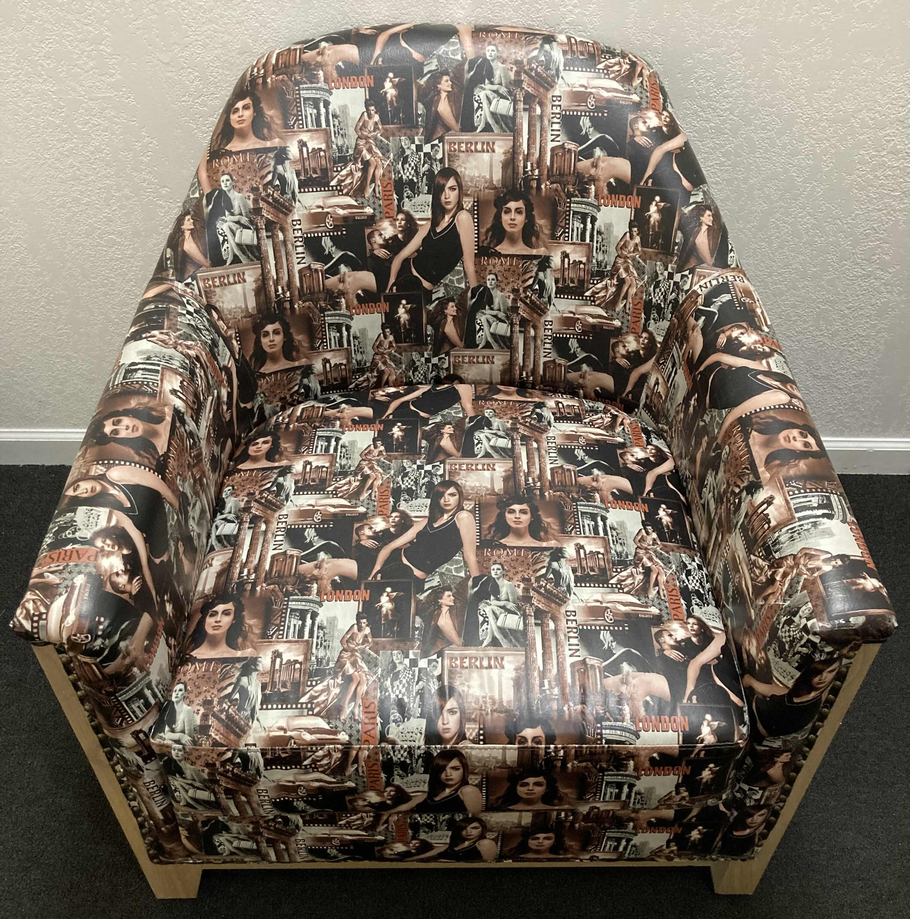 Photo 2 of EUROPEAN SEXY LAVISH LIFESTYLE LITHOGRAPH STYLE VINYL PRINT UPHOLSTERY WOOD BASE CUSTOM MADE LOUNGE CHAIR 31.5” X 32.5” H33”