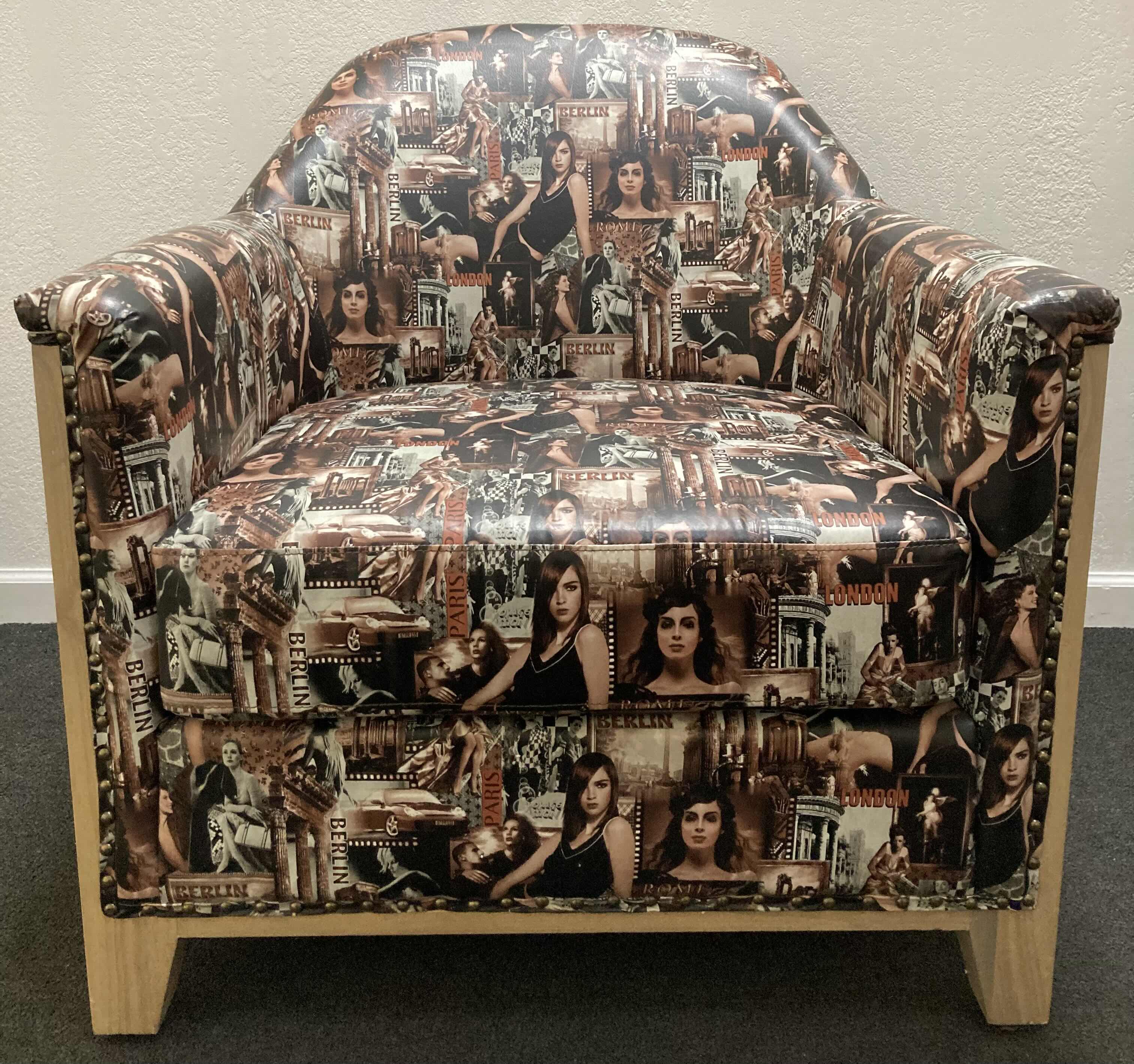 Photo 1 of EUROPEAN SEXY LAVISH LIFESTYLE LITHOGRAPH STYLE VINYL PRINT UPHOLSTERY WOOD BASE CUSTOM MADE LOUNGE CHAIR 31.5” X 32.5” H33”