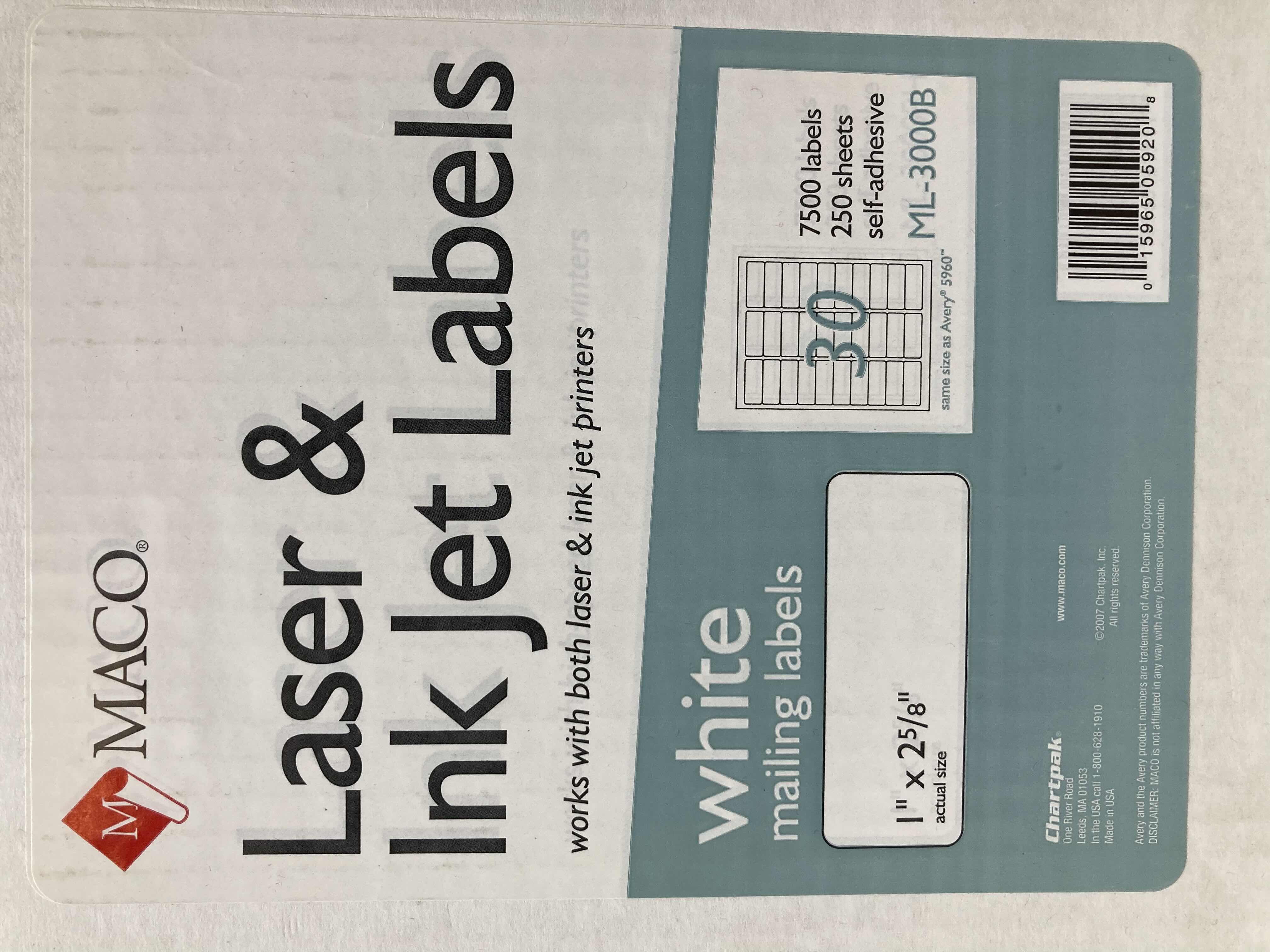 Photo 1 of MACO LASER & JET WHITE LABELS 1” X 2 5/8”