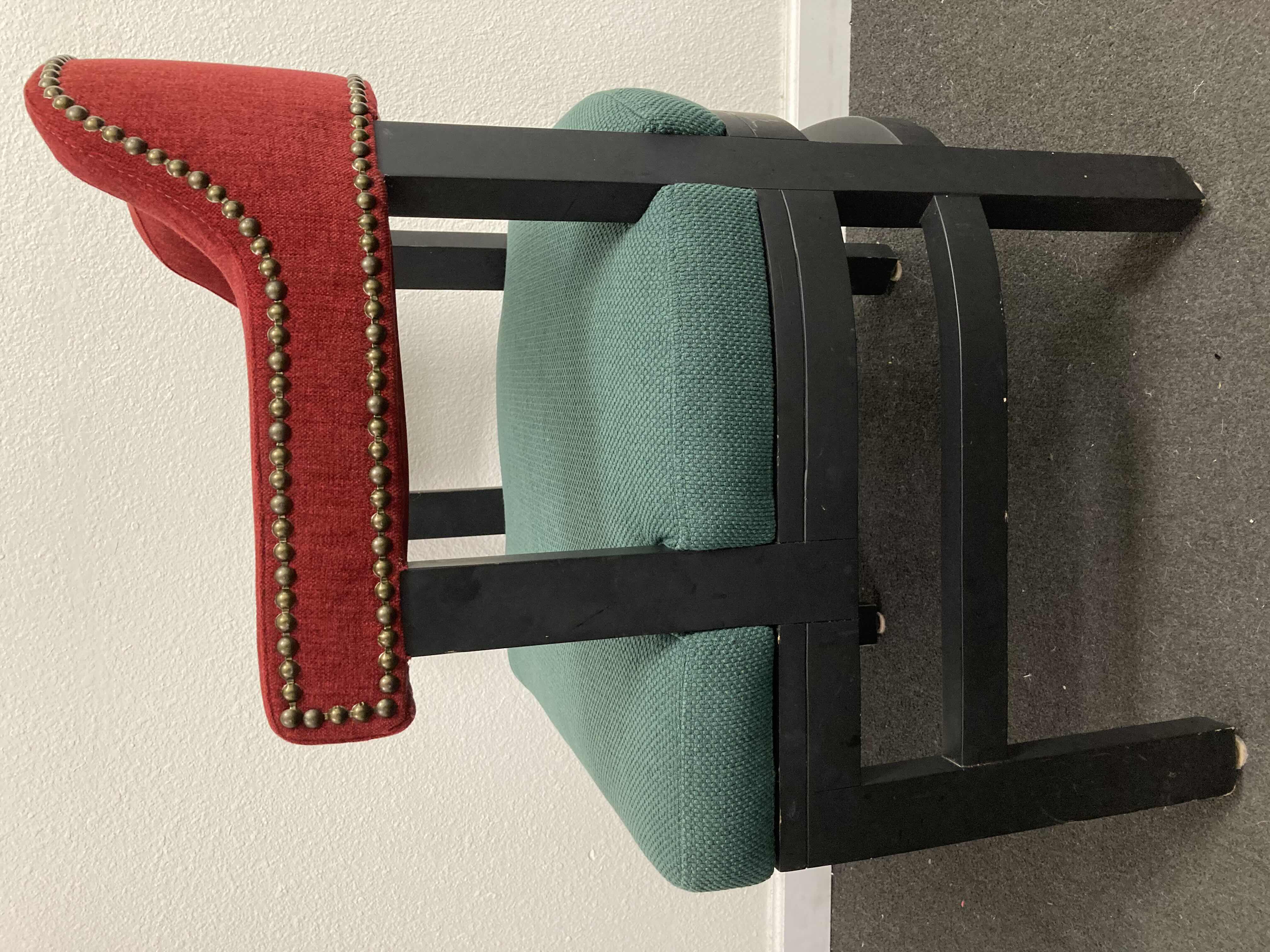 View 3 of RED & GREEN UPHOLSTERED STUDDED ACCENT CHAIR 23” X 21.5” H31.25”
