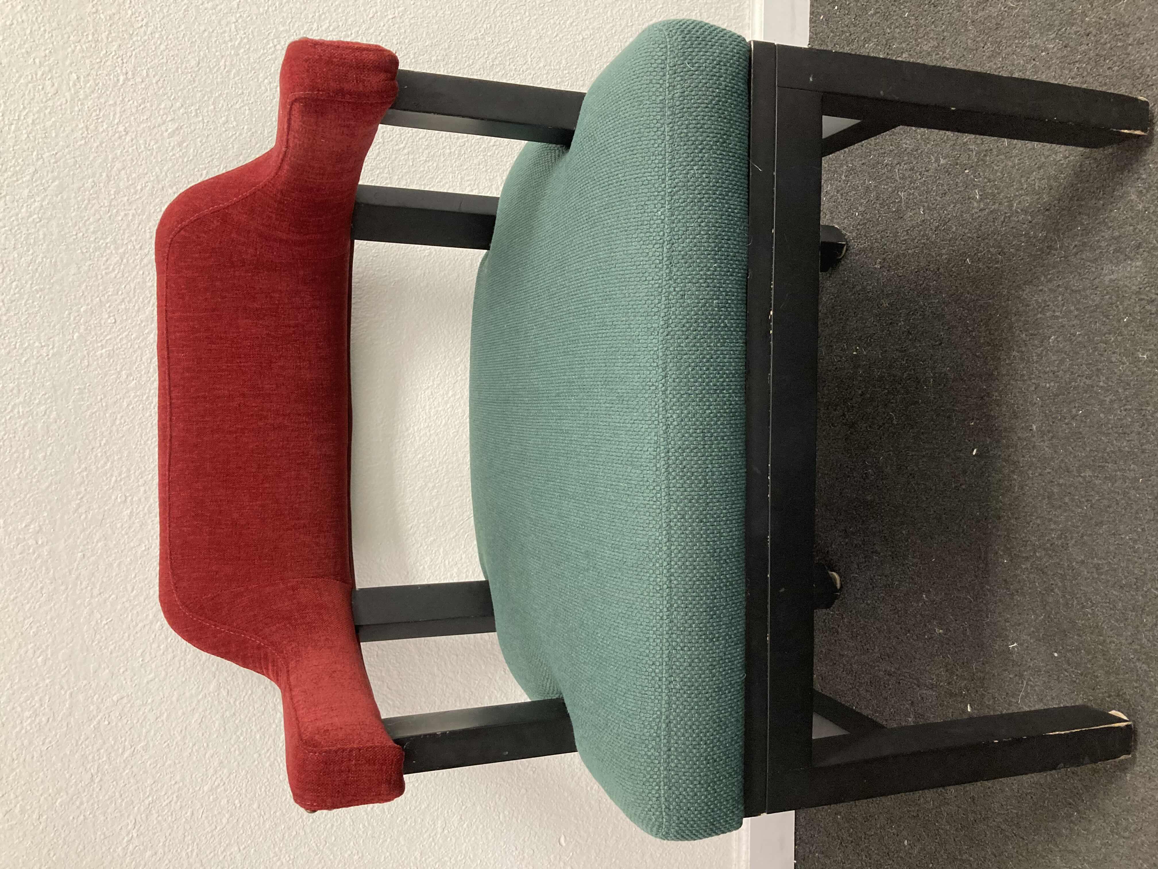 View 1 of RED & GREEN UPHOLSTERED STUDDED ACCENT CHAIR 23” X 21.5” H31.25”