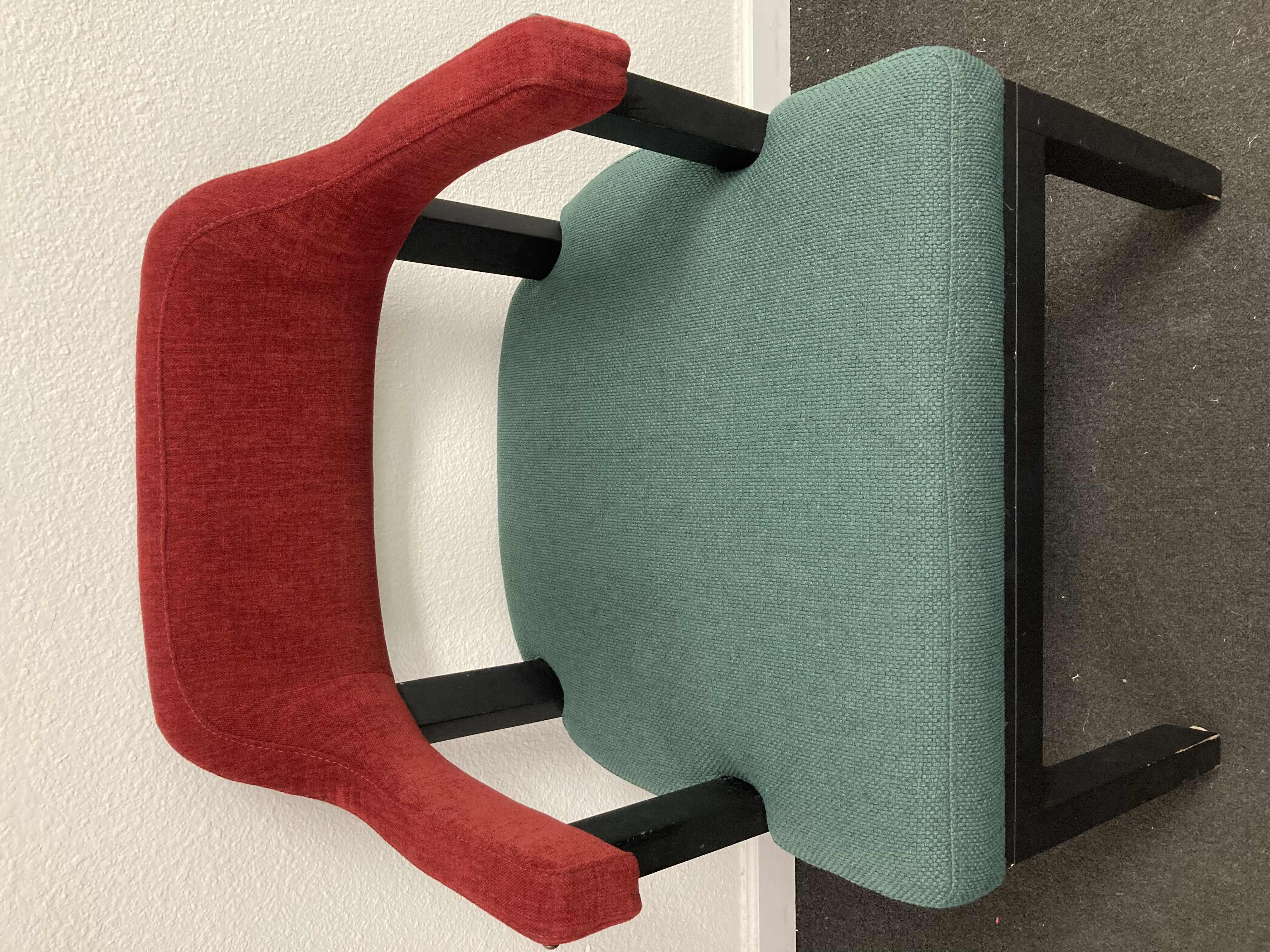 View 2 of RED & GREEN UPHOLSTERED STUDDED ACCENT CHAIR 23” X 21.5” H31.25”
