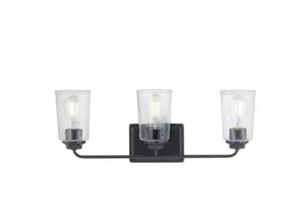 Photo 1 of HAMPTON BAY EVANGELINE FARMHOUSE MATTE BLACK CLEAR GLASS SHADE 3 LIGHT VANITY FIXTURE LIGHT 785247251599
