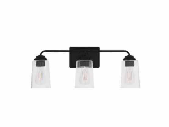 Photo 1 of HAMPTON BAY EVANGELINE FARMHOUSE MATTE BLACK CLEAR GLASS SHADE 3 LIGHT VANITY FIXTURE LIGHT 785247251599
