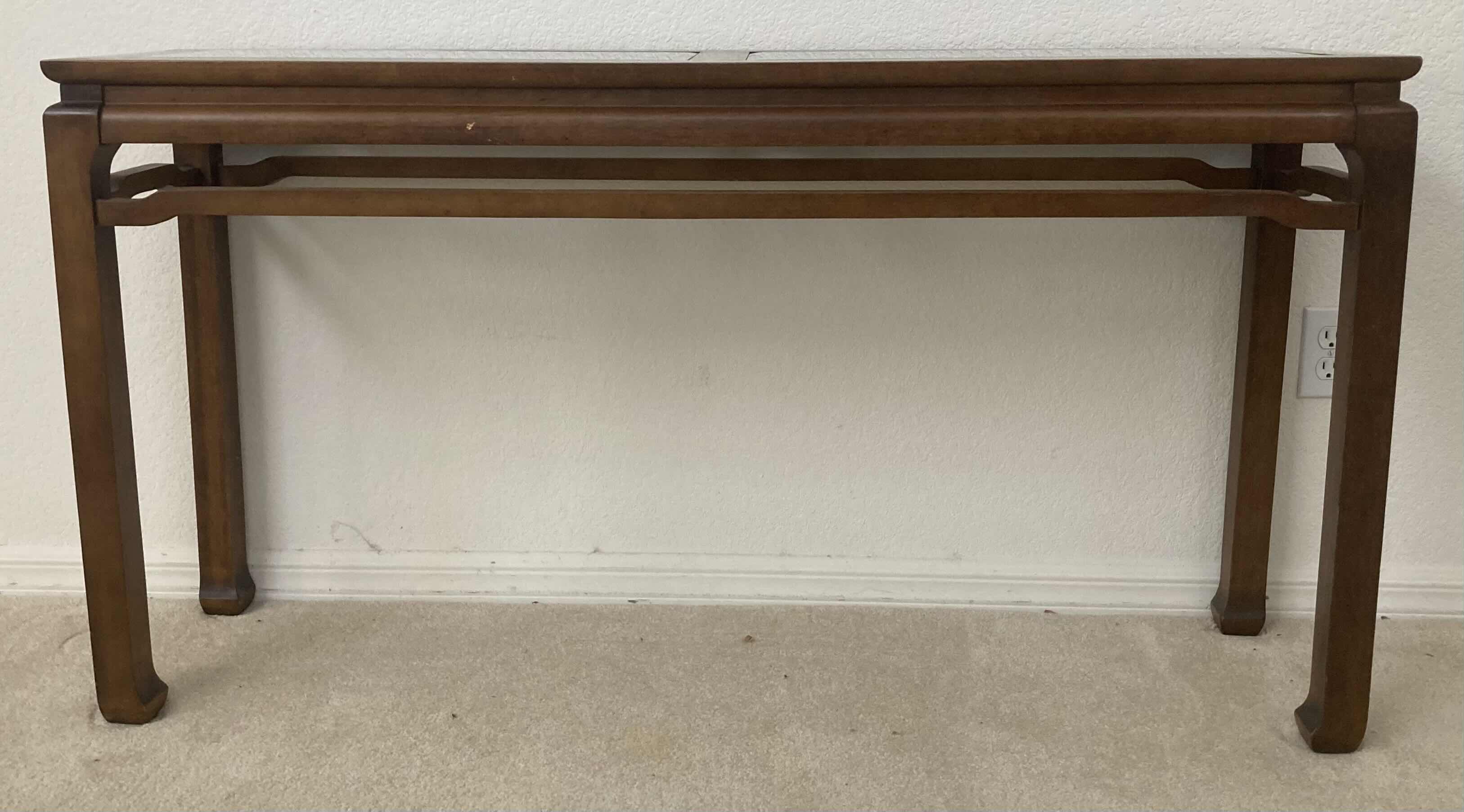 Photo 1 of CENTRY FURNITURE CHINOISERIE GLASS TOP WOOD FRAME CONSOLE TABLE 52” X 14” H28”